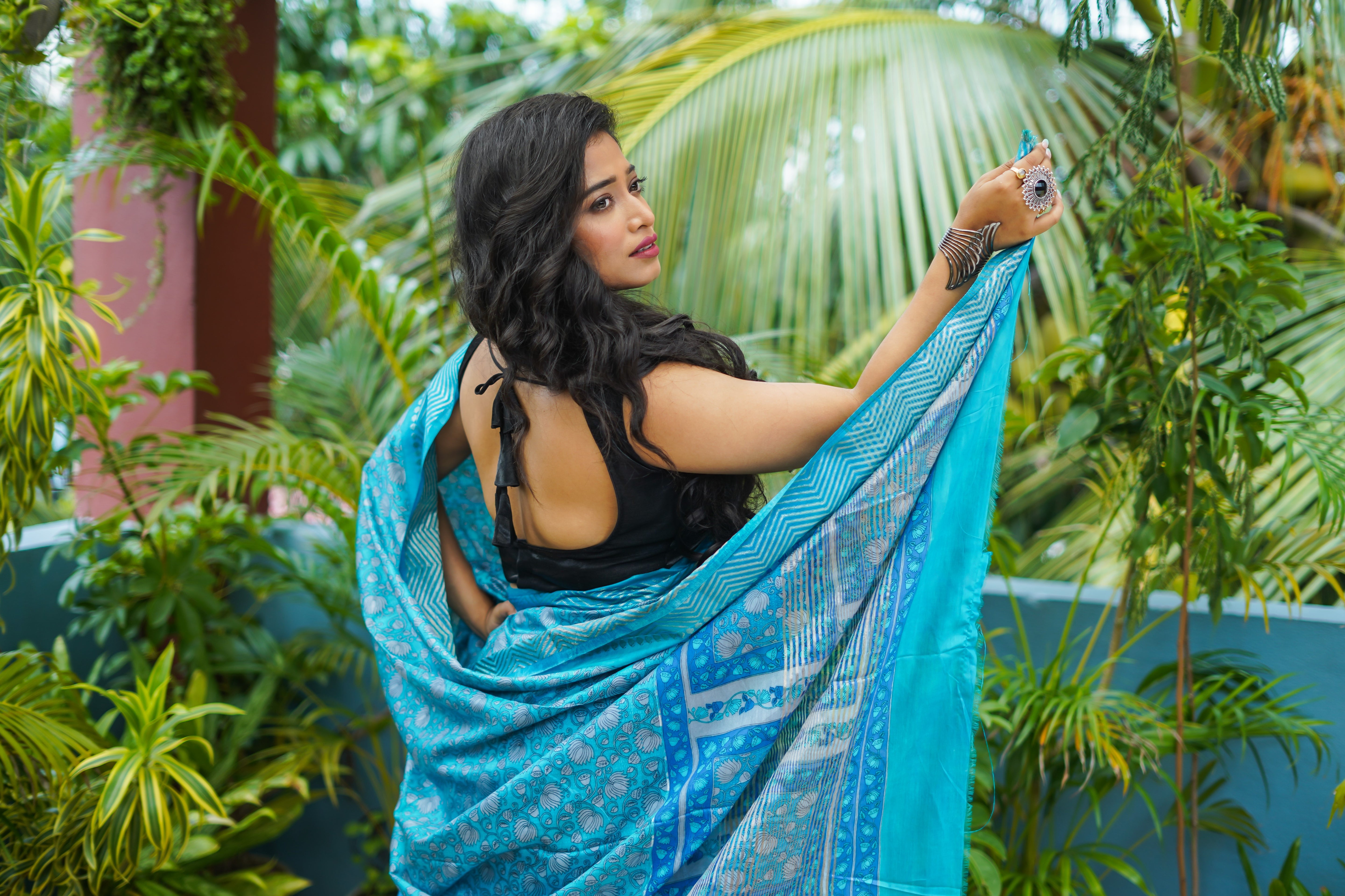 Sky Blue Pure Maheswari Silk Hand Block Saree