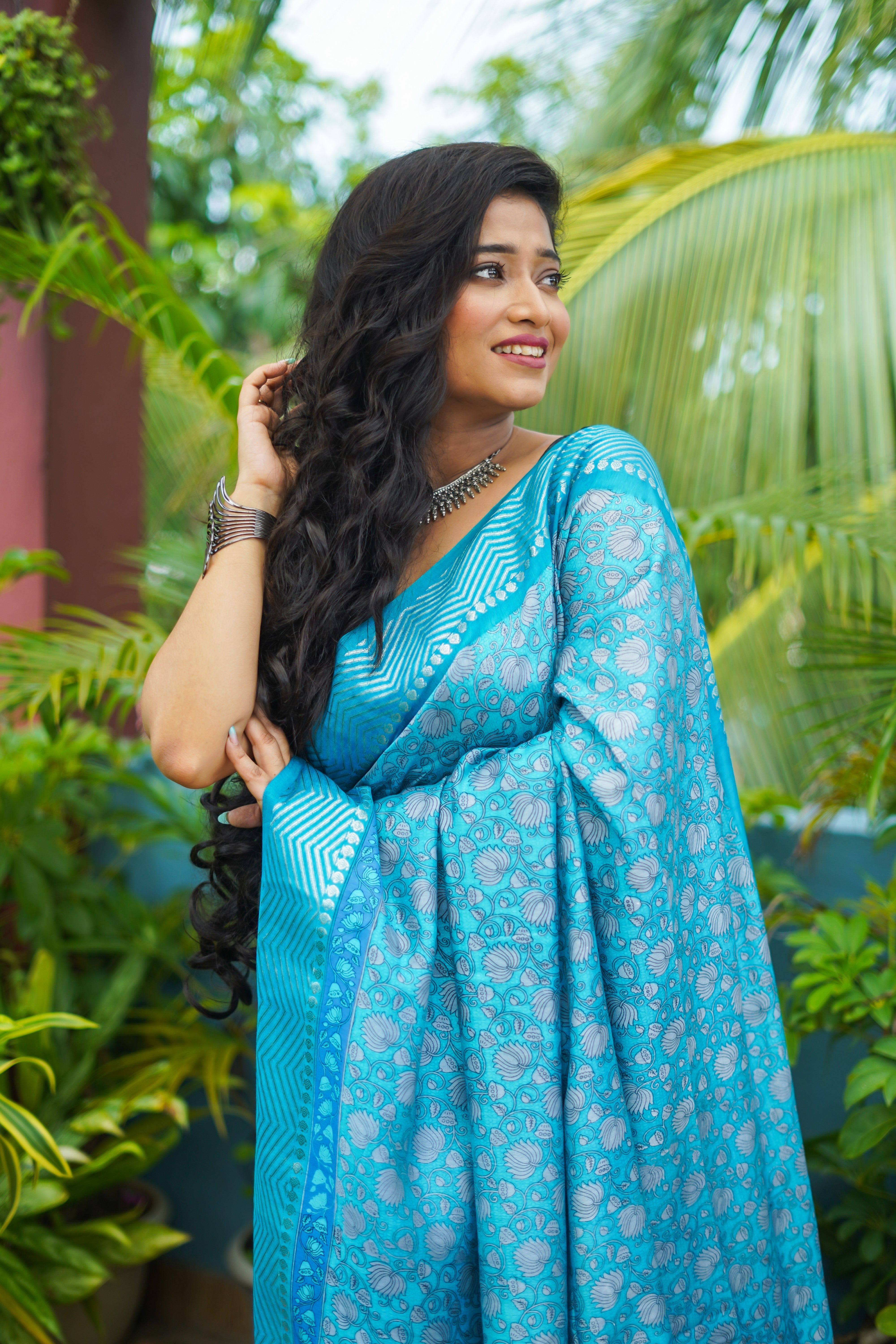 Sky Blue Pure Maheswari Silk Hand Block Saree