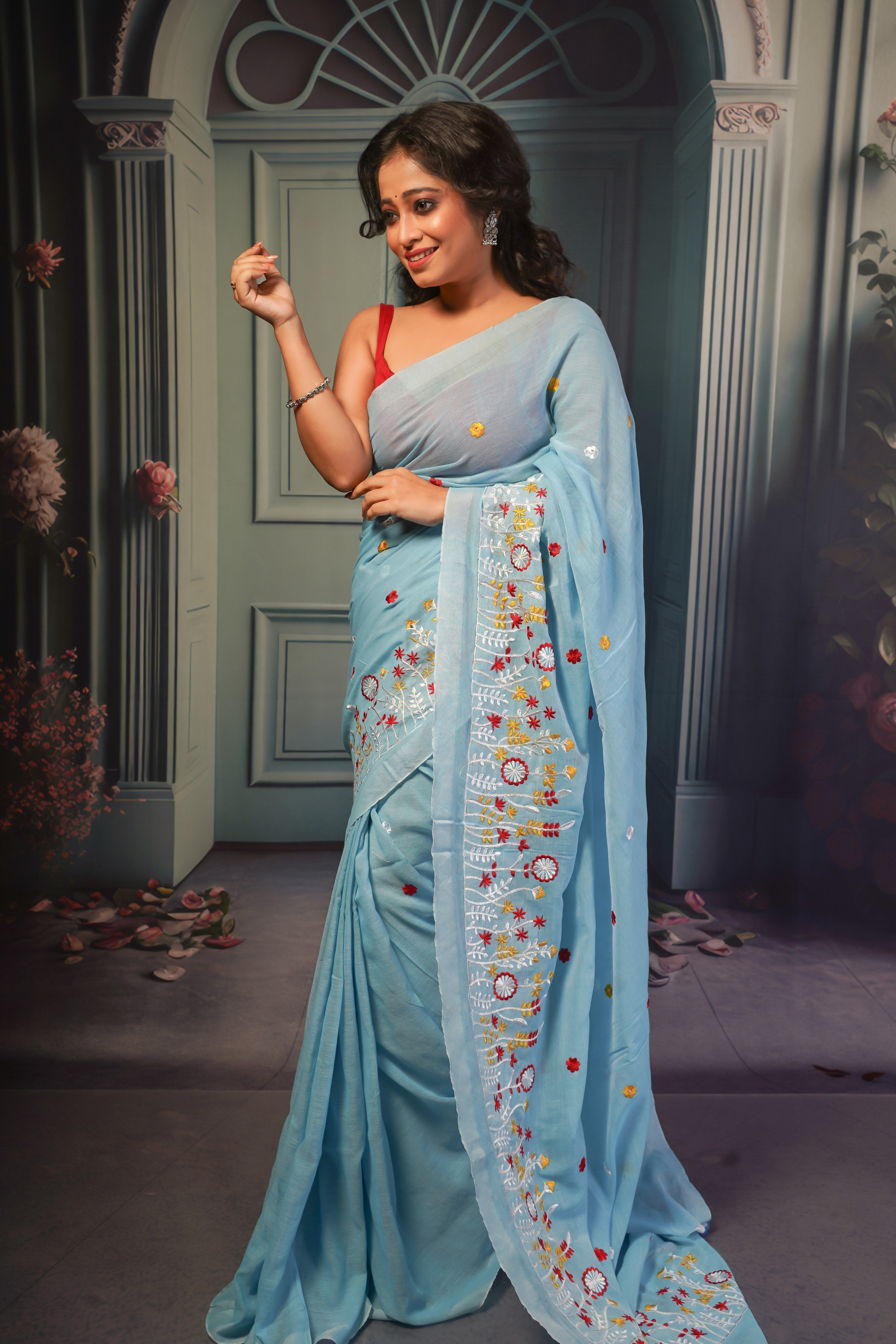 Sky blue pure khadi cotton embroidered saree