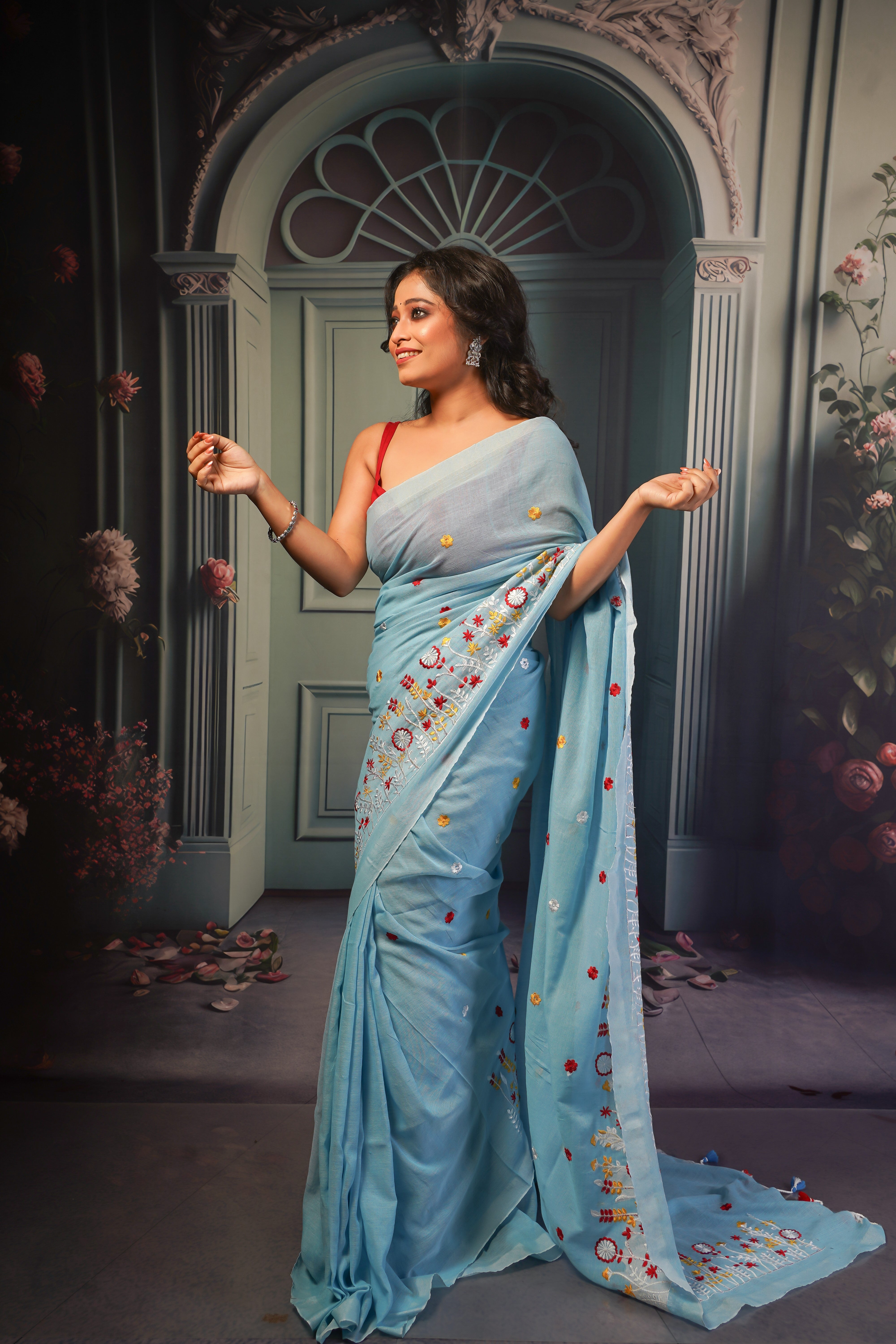 Sky blue pure khadi cotton embroidered saree