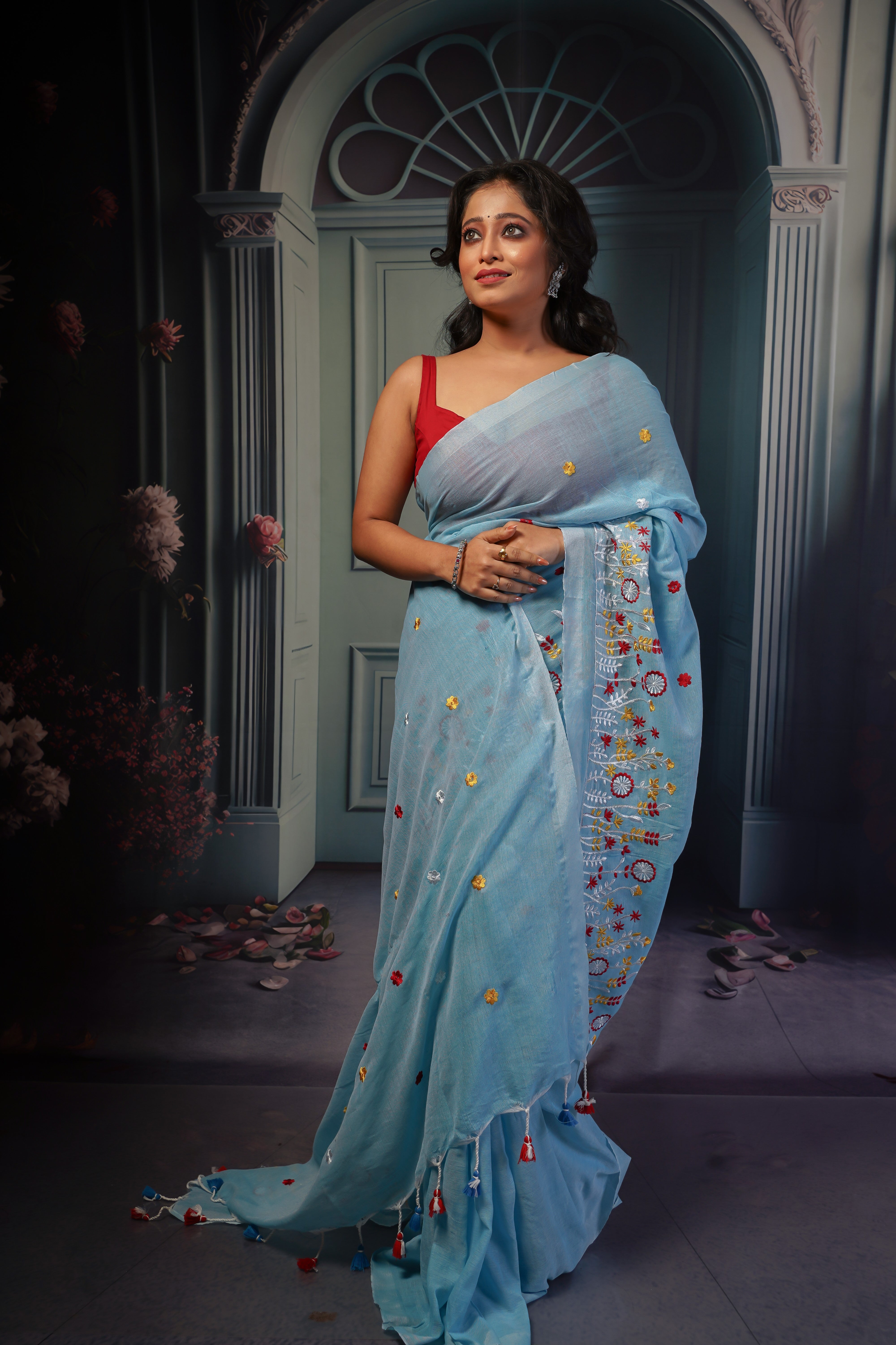 Sky blue pure khadi cotton embroidered saree