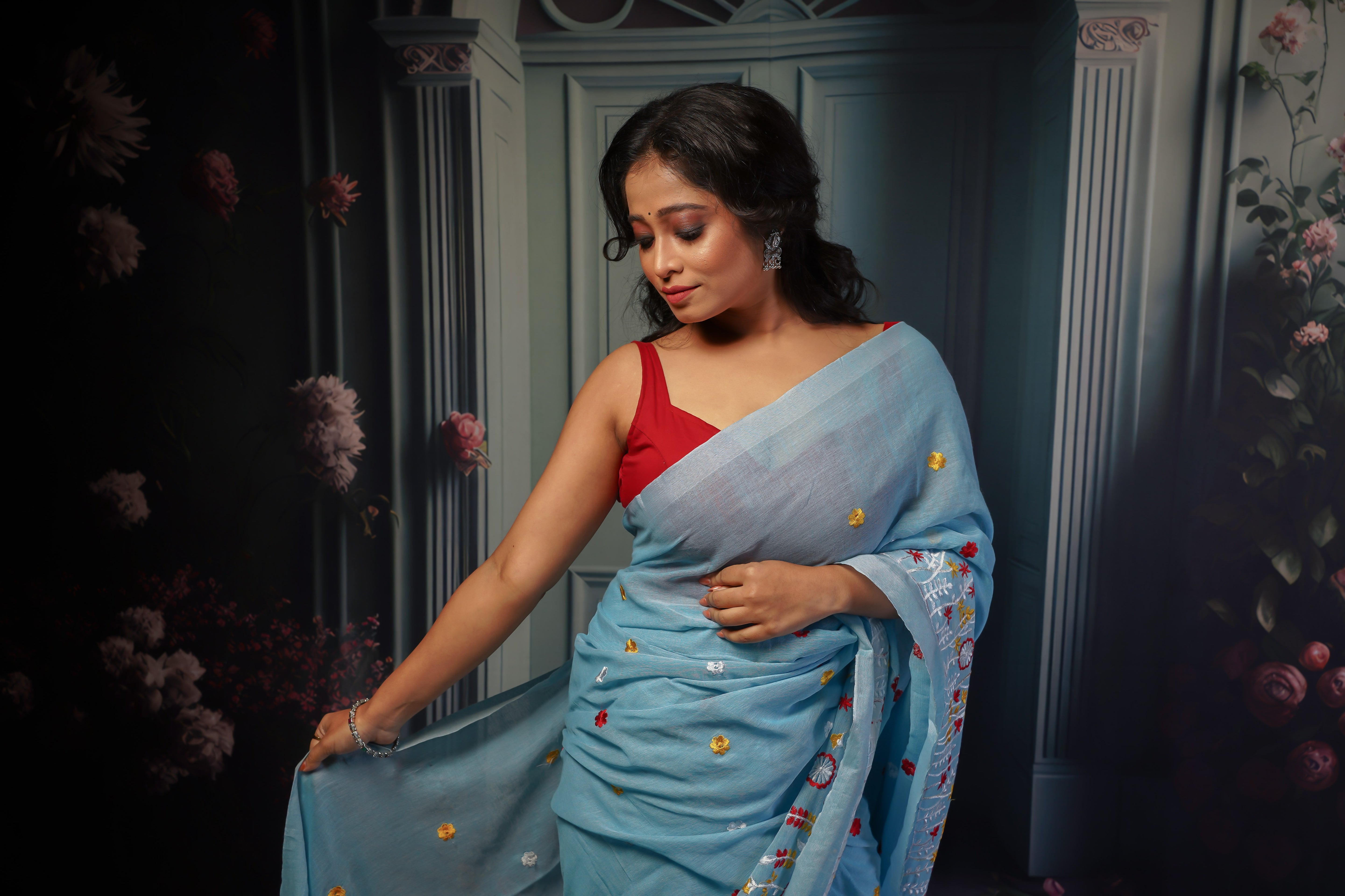 Sky blue pure khadi cotton embroidered saree