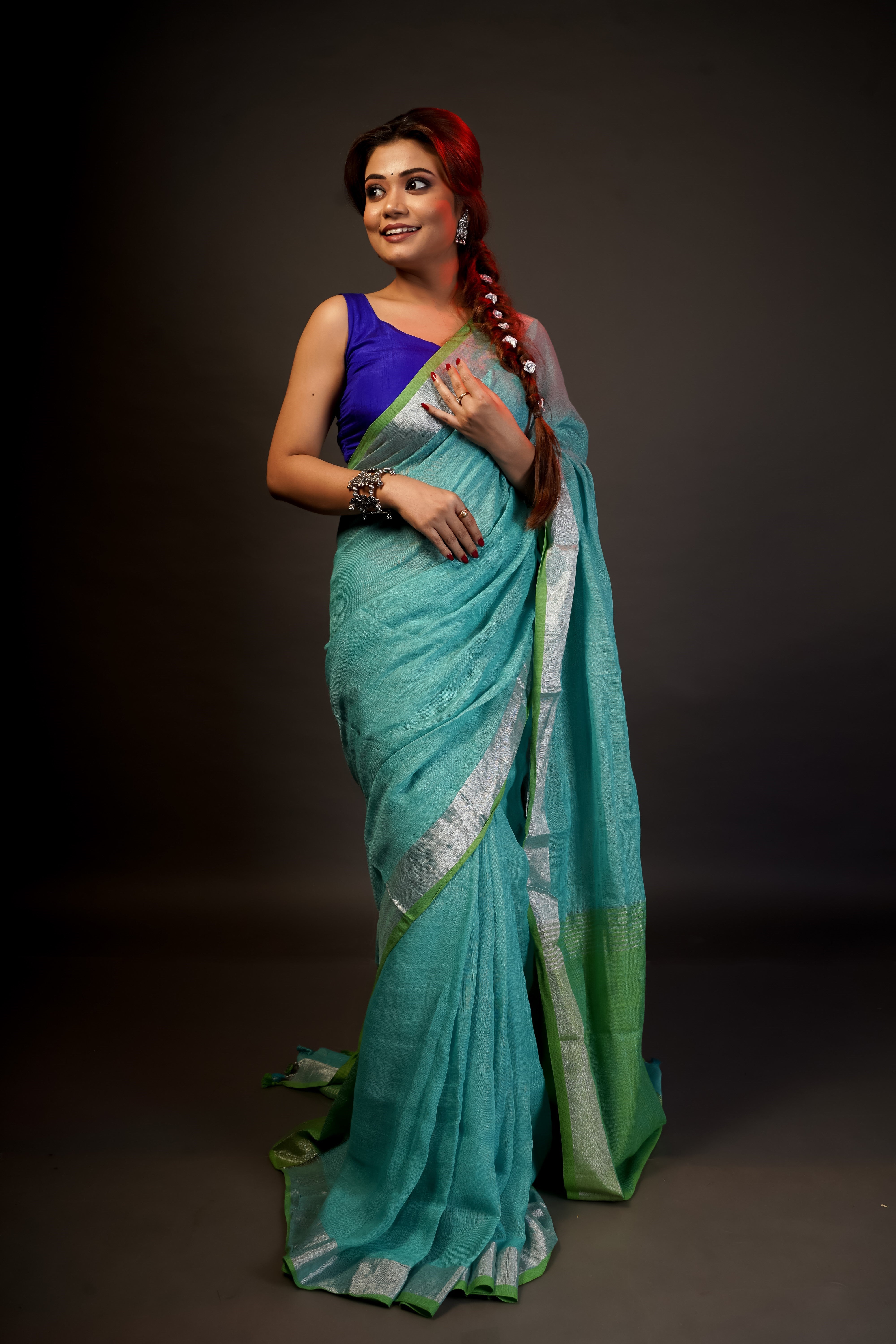 Sky Blue SILVER ZARI PURE Linen Saree