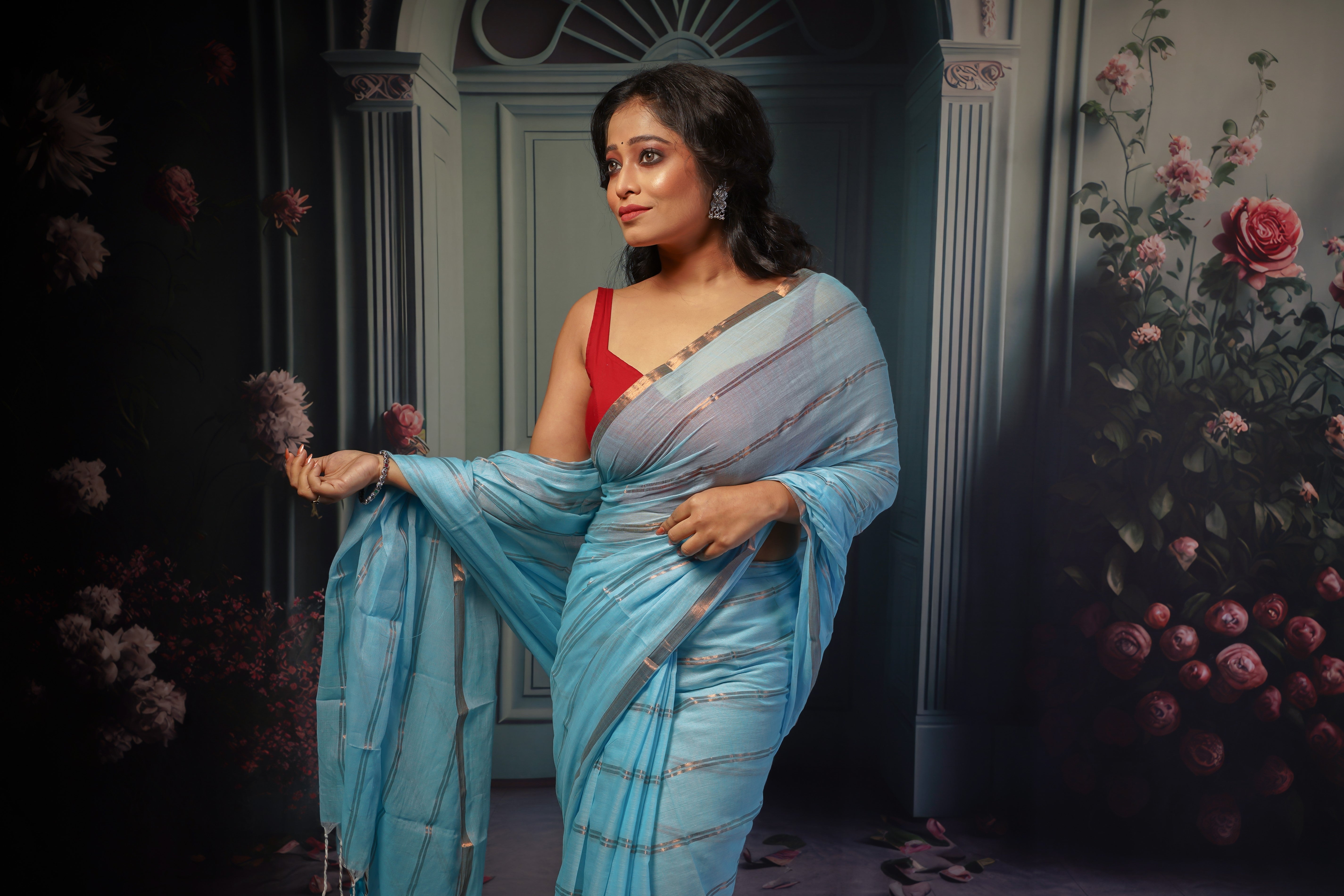 Sky blue striped mulmul cotton saree