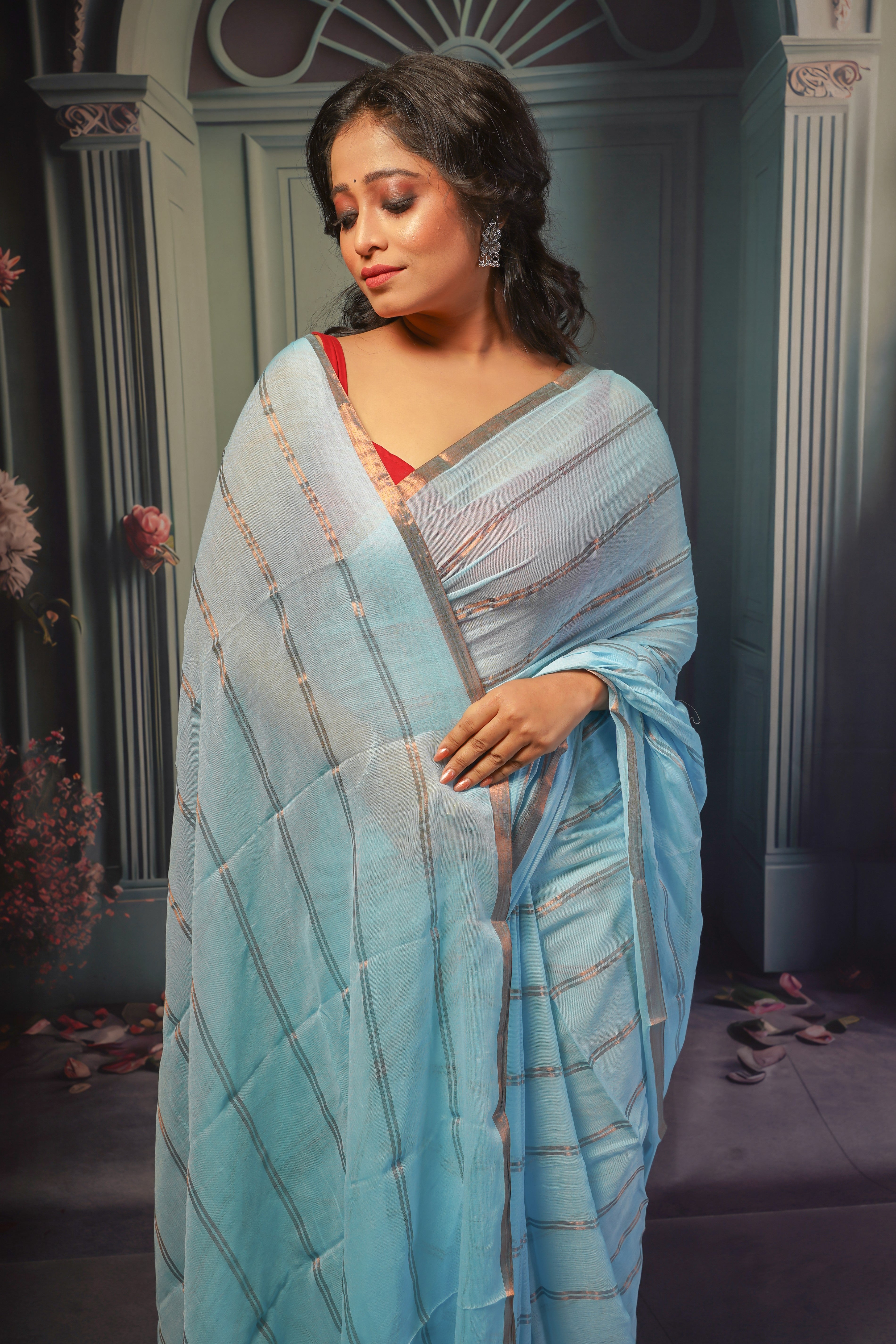 Sky blue striped mulmul cotton saree