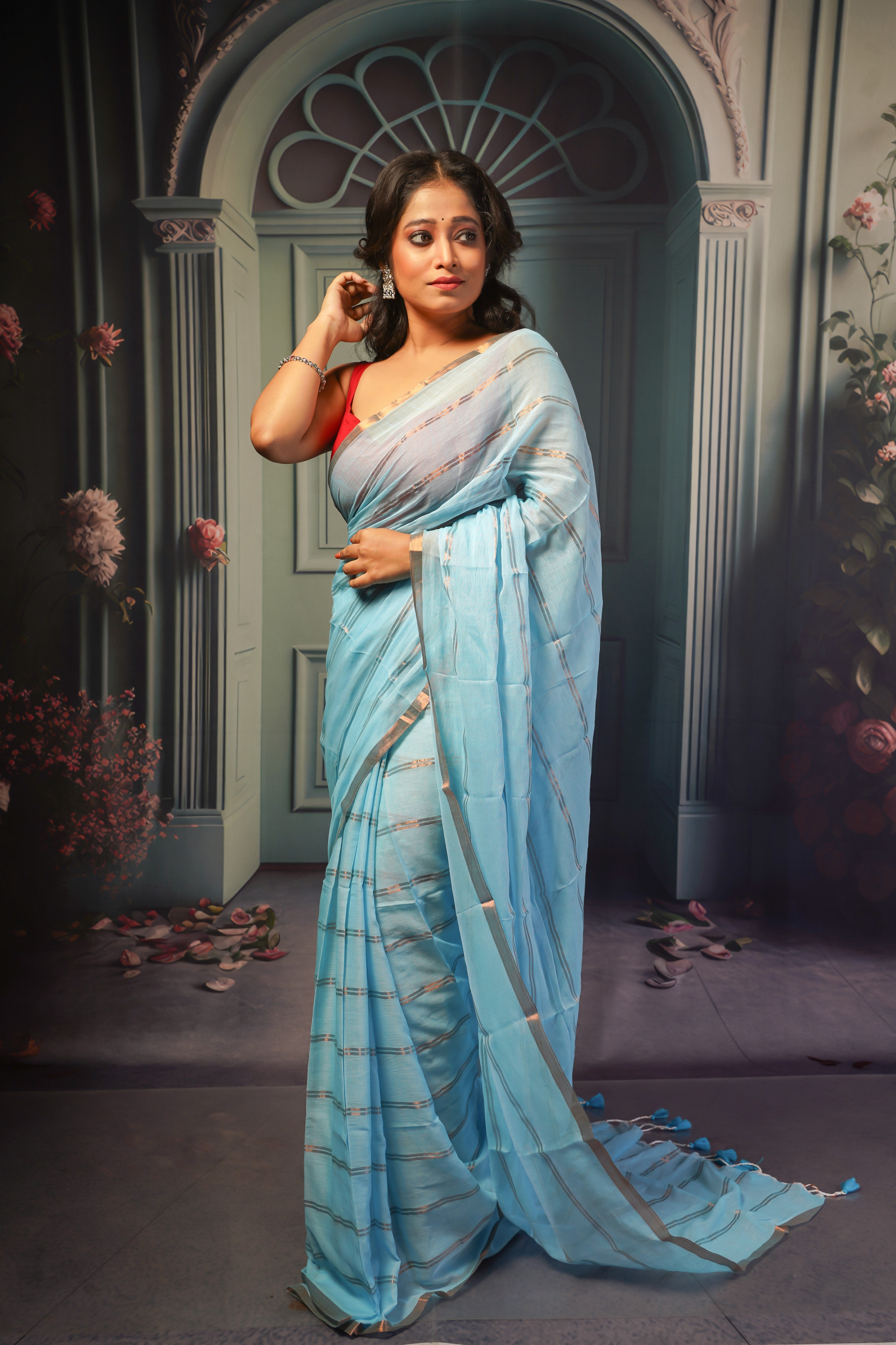 Sky blue striped mulmul cotton saree