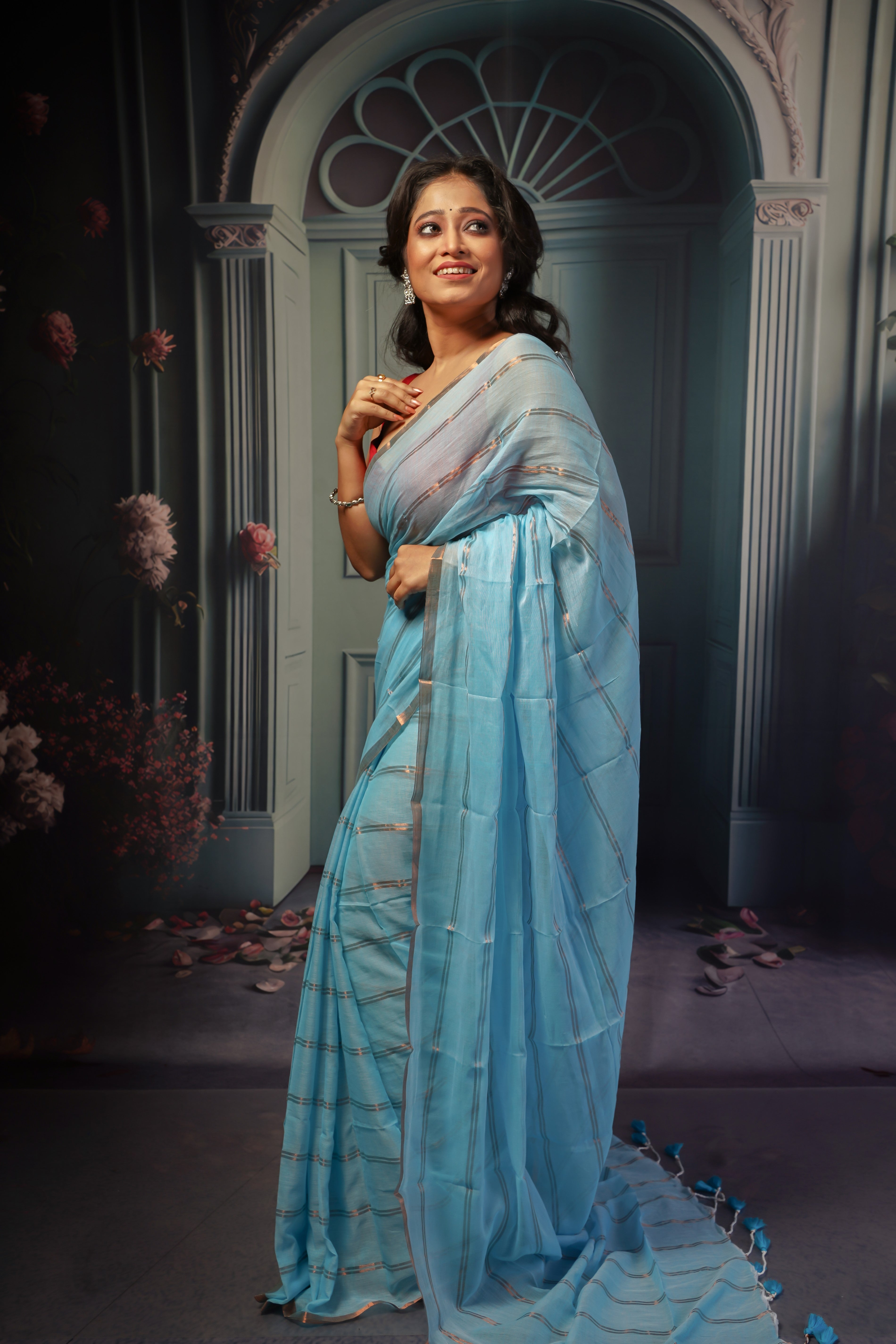 Sky blue striped mulmul cotton saree