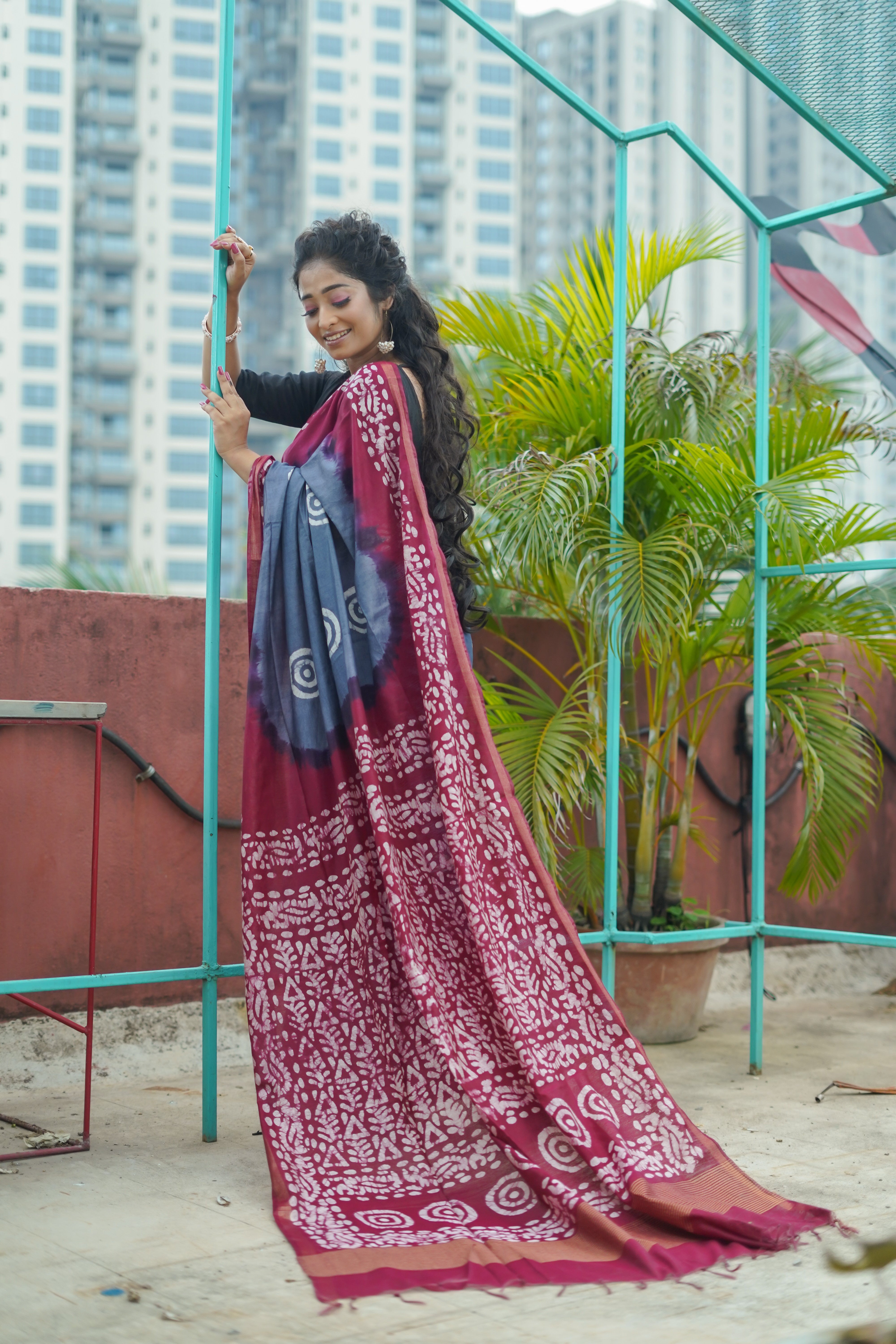 Slate Grey Hand Block Pure Chanderi Silk Saree