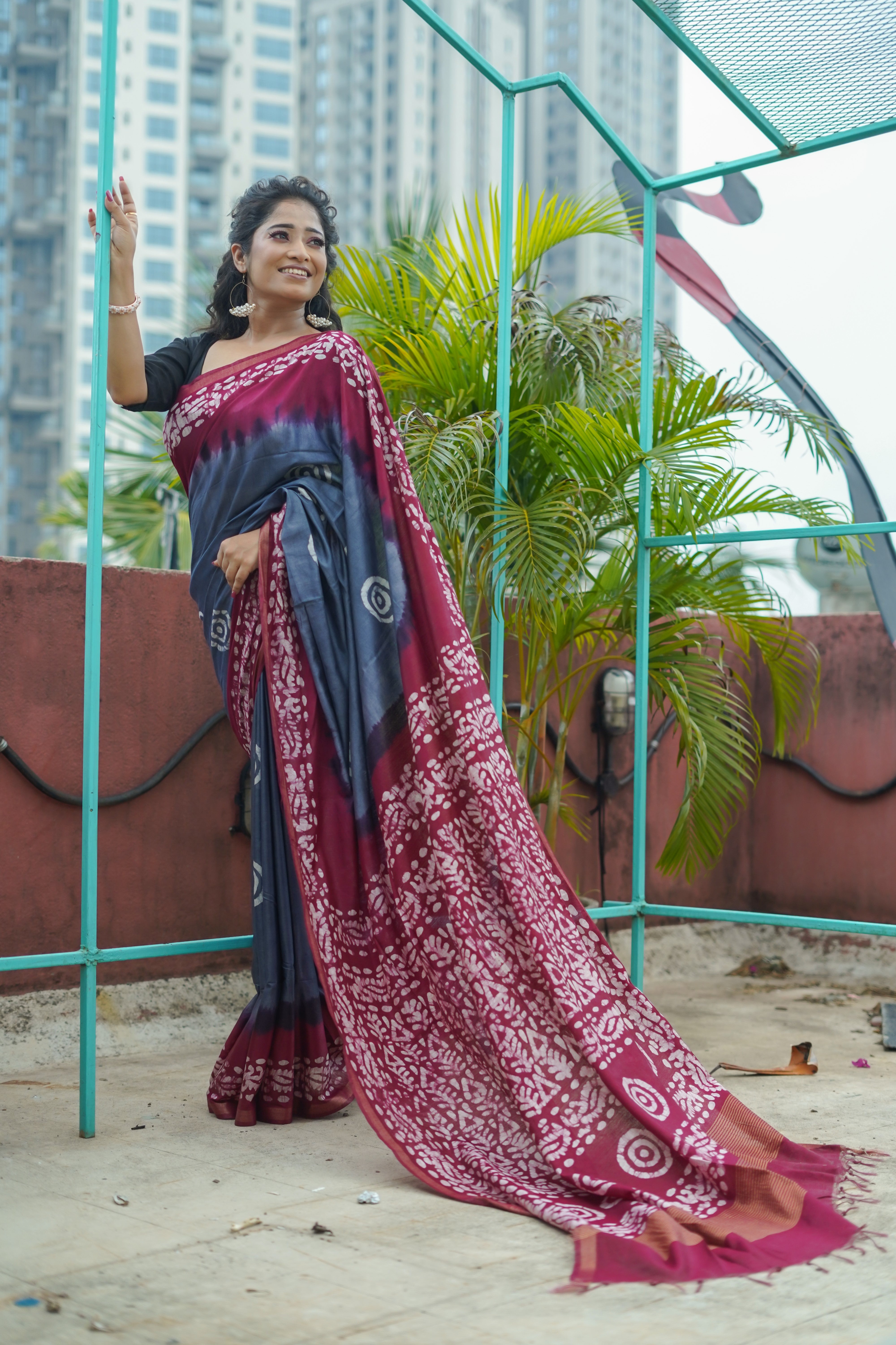 Slate Grey Hand Block Pure Chanderi Silk Saree