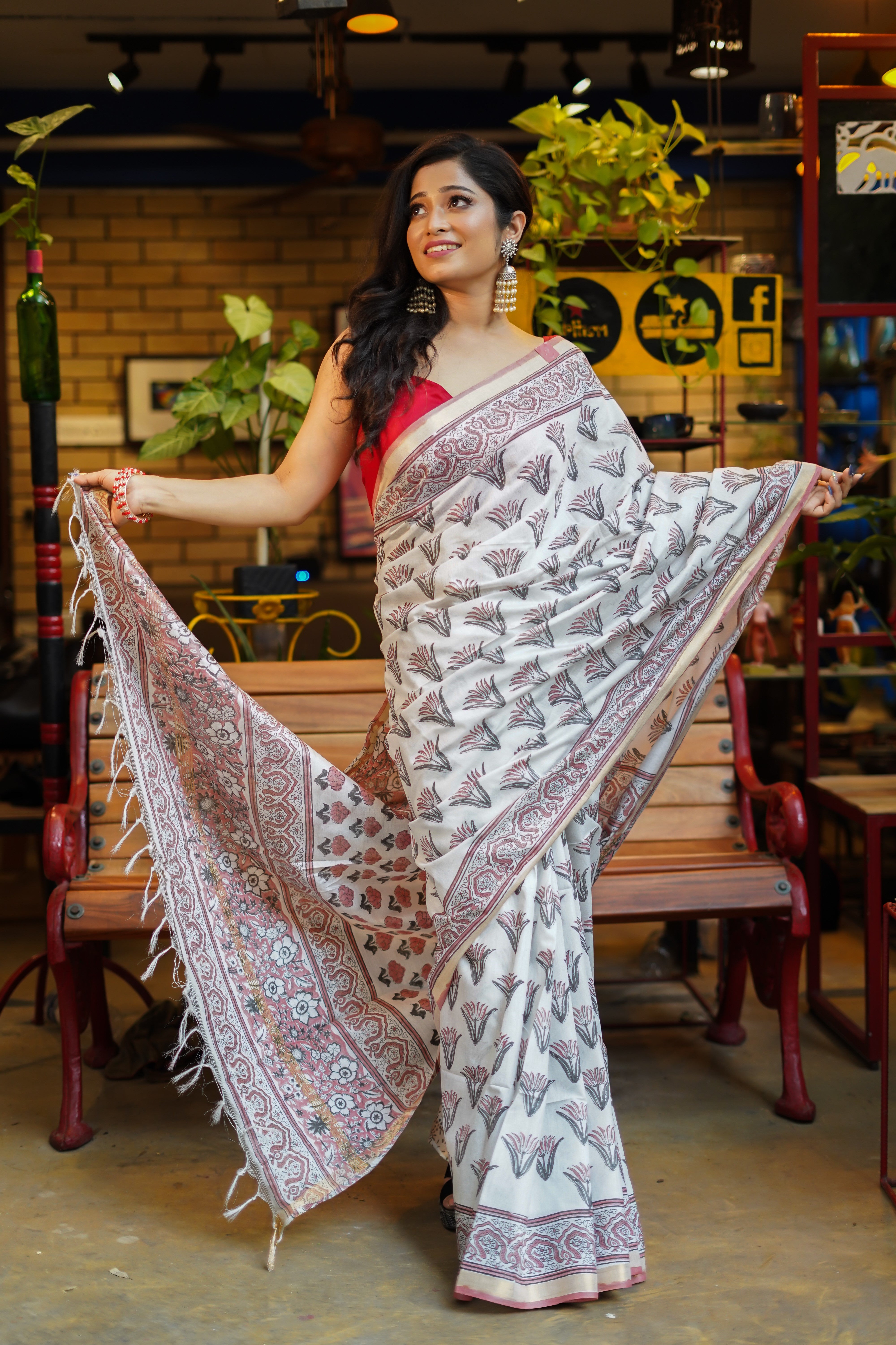 Soft berry  hand block pure Maheswari silk saree