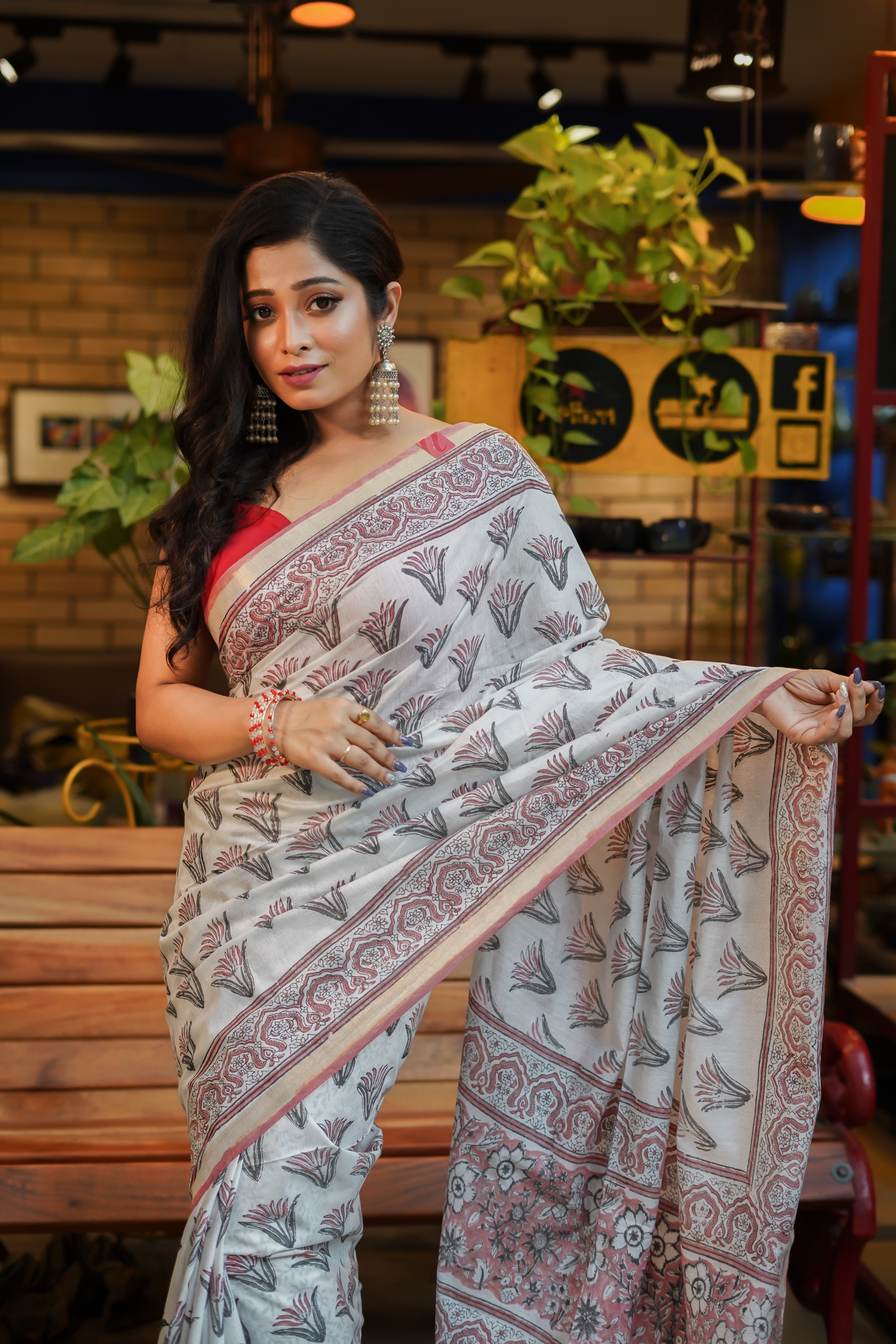 Soft berry  hand block pure Maheswari silk saree