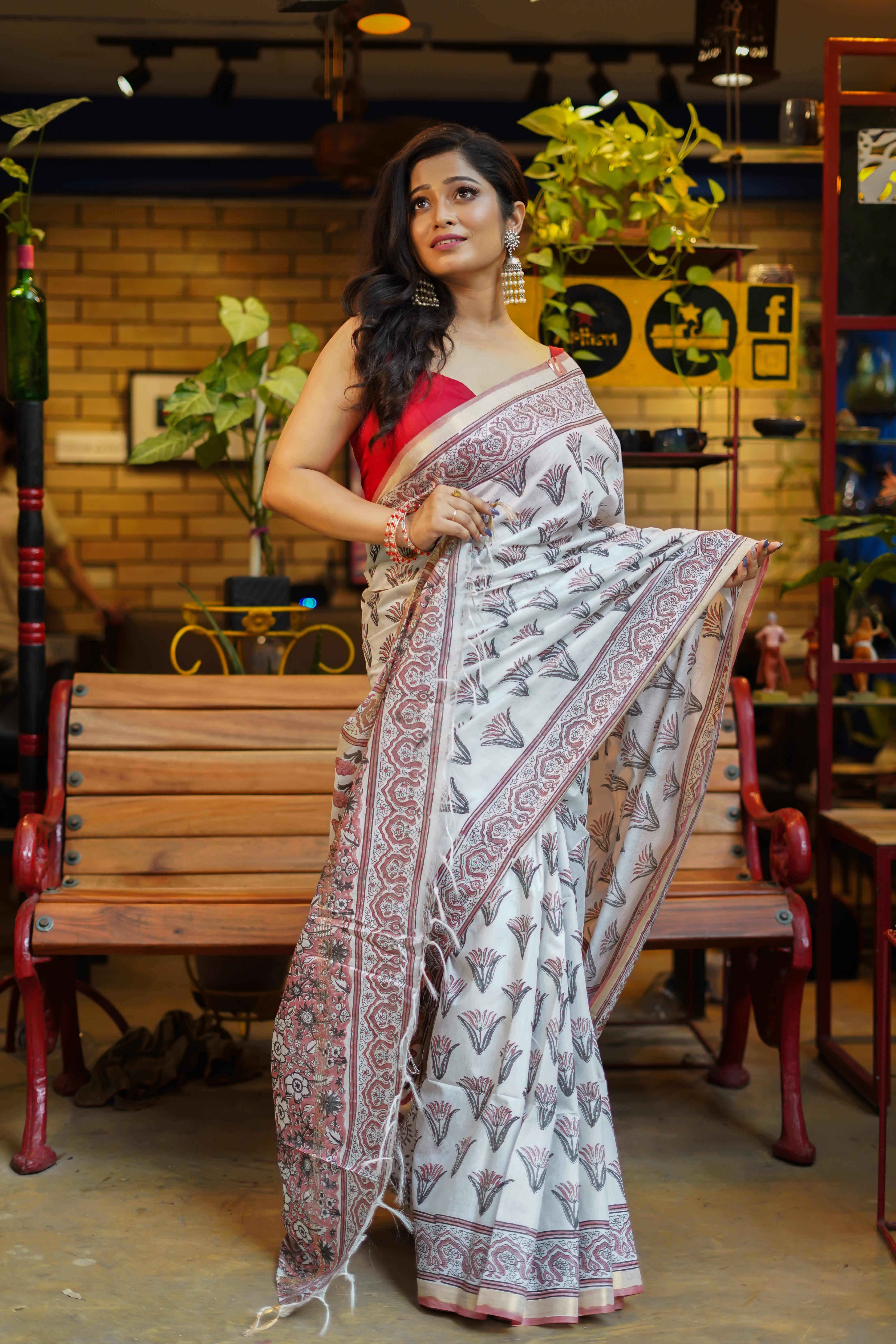 Soft berry  hand block pure Maheswari silk saree