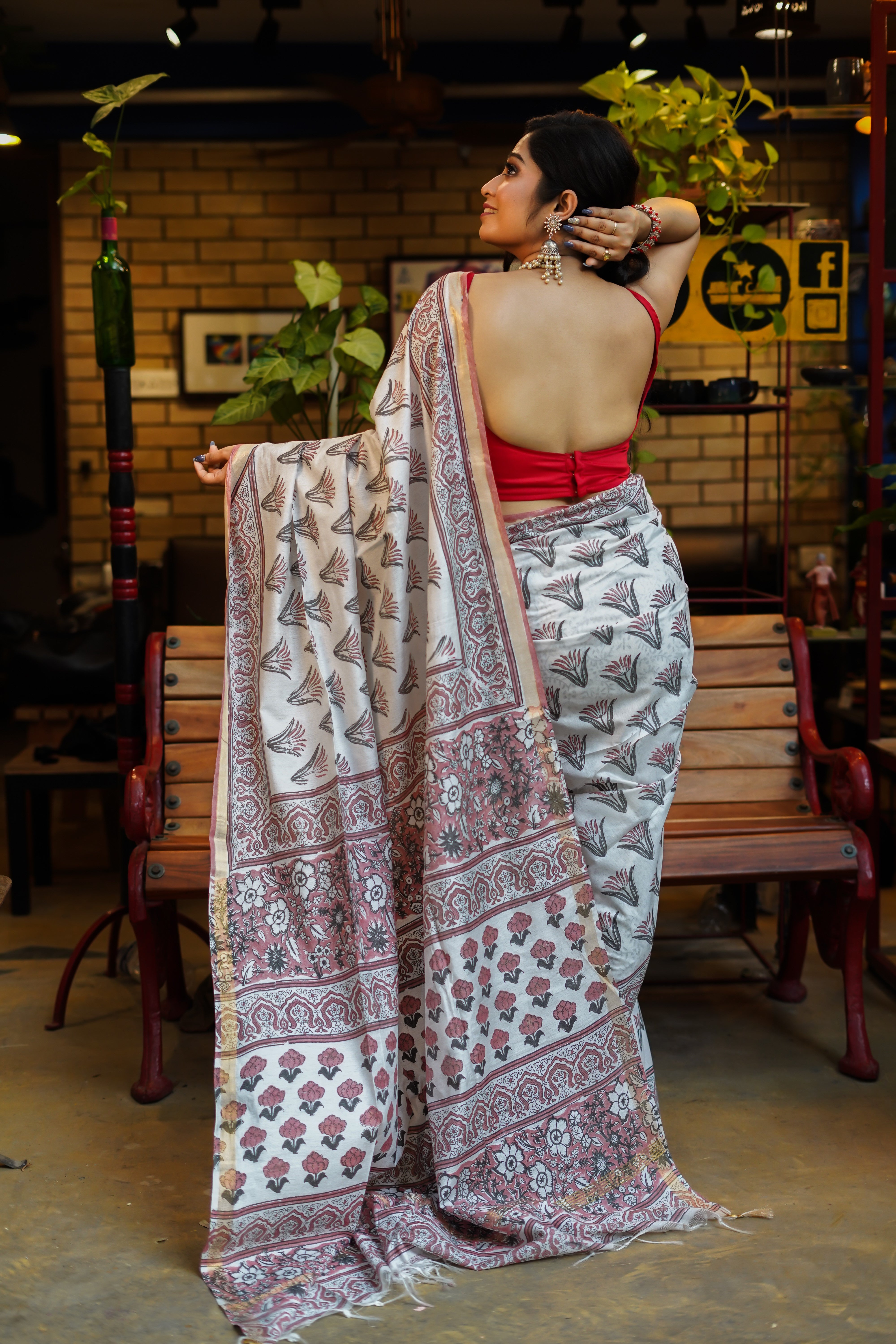 Soft berry  hand block pure Maheswari silk saree