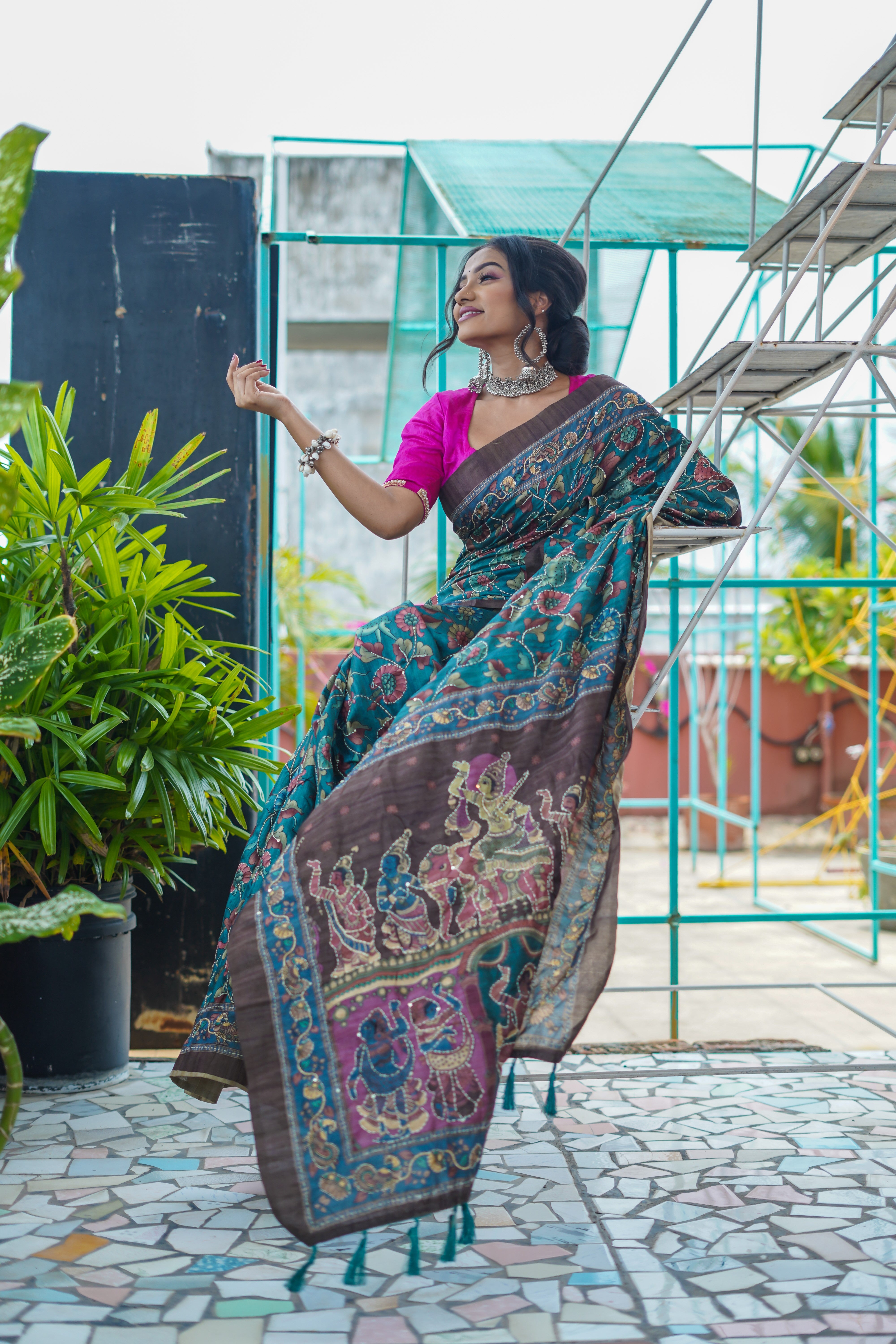 Steel Blue Modal Silk Katha Stitch Saree