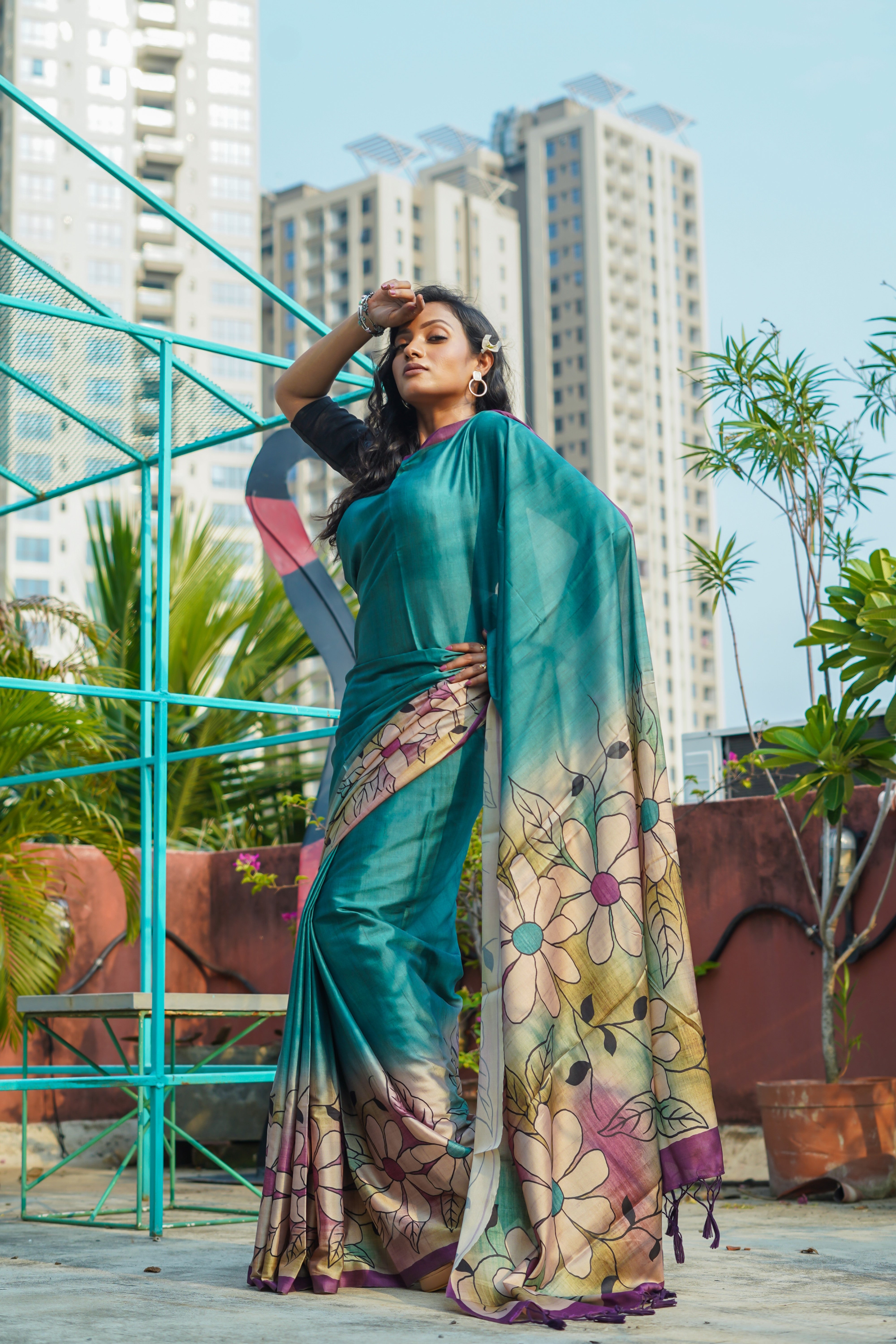 Teal pure modal silk designer saree