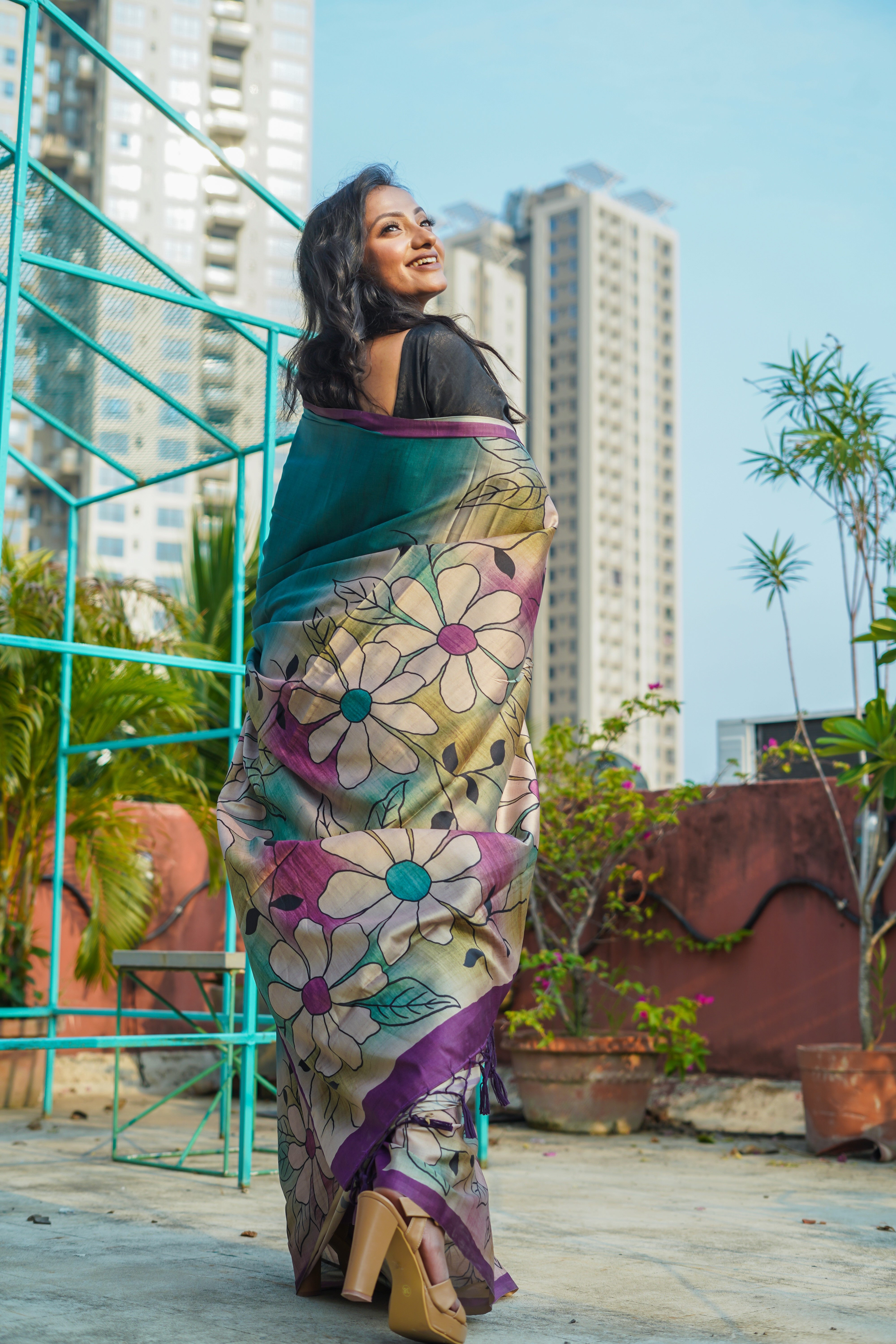 Teal pure modal silk designer saree