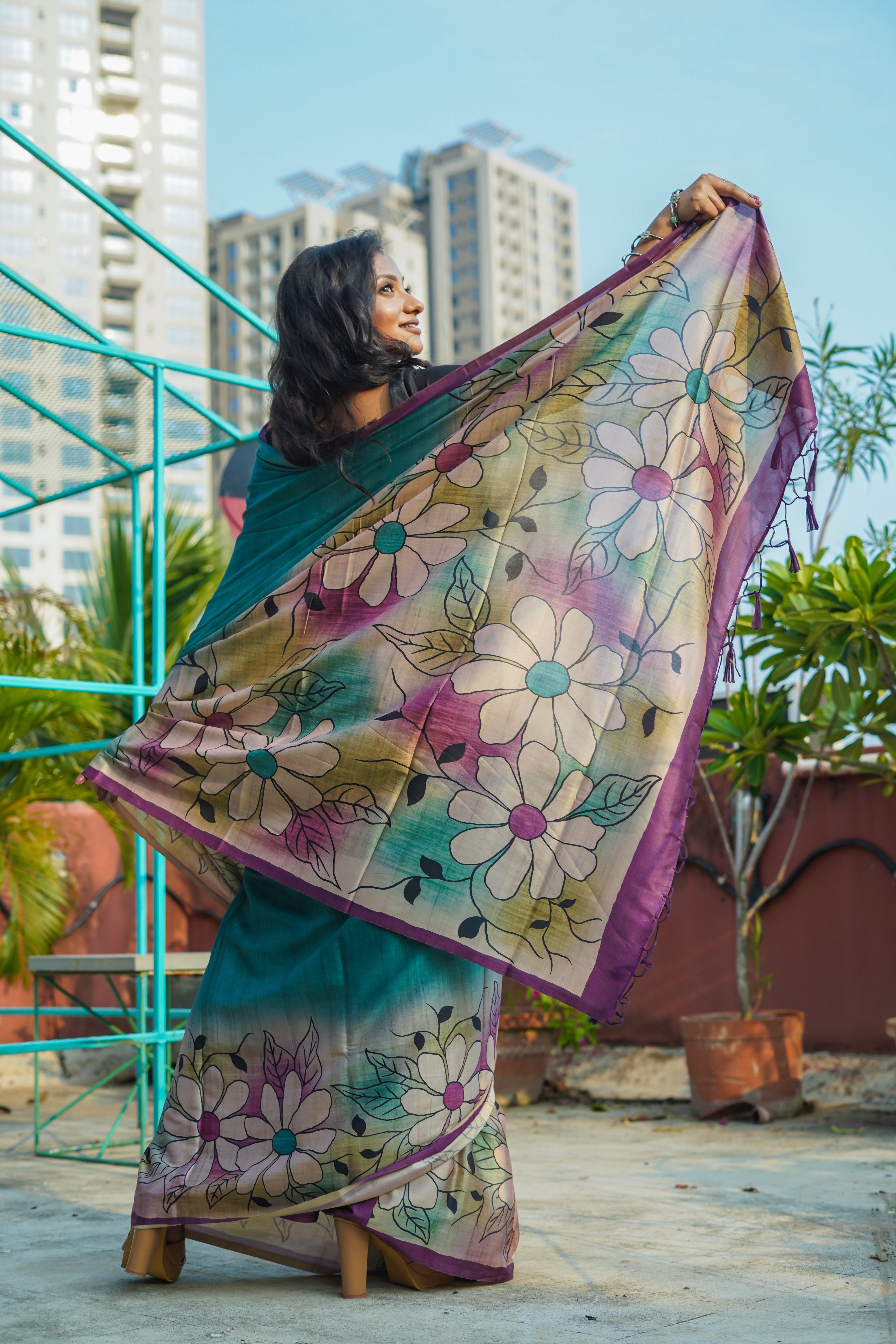 Teal pure modal silk designer saree