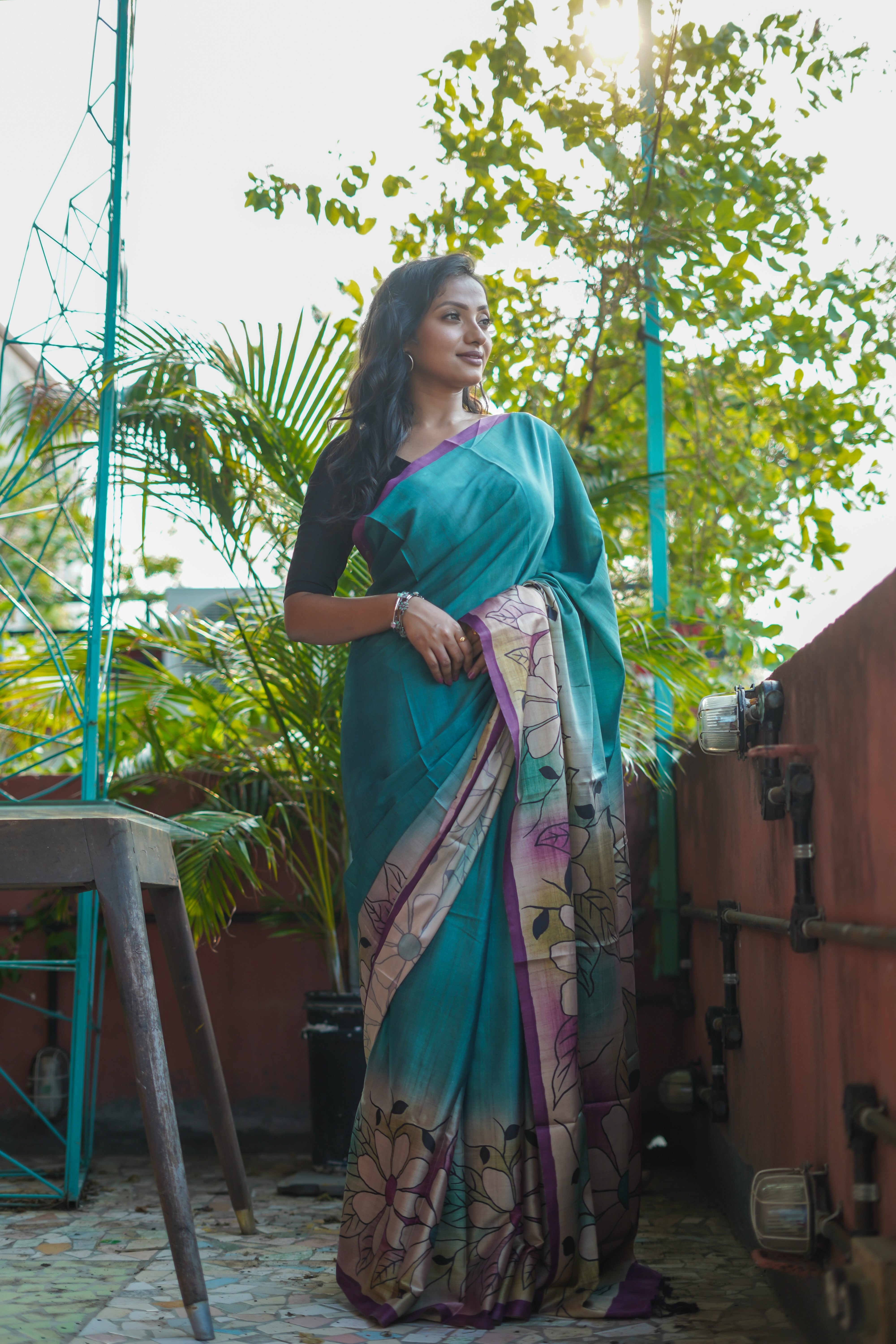 Teal pure modal silk designer saree