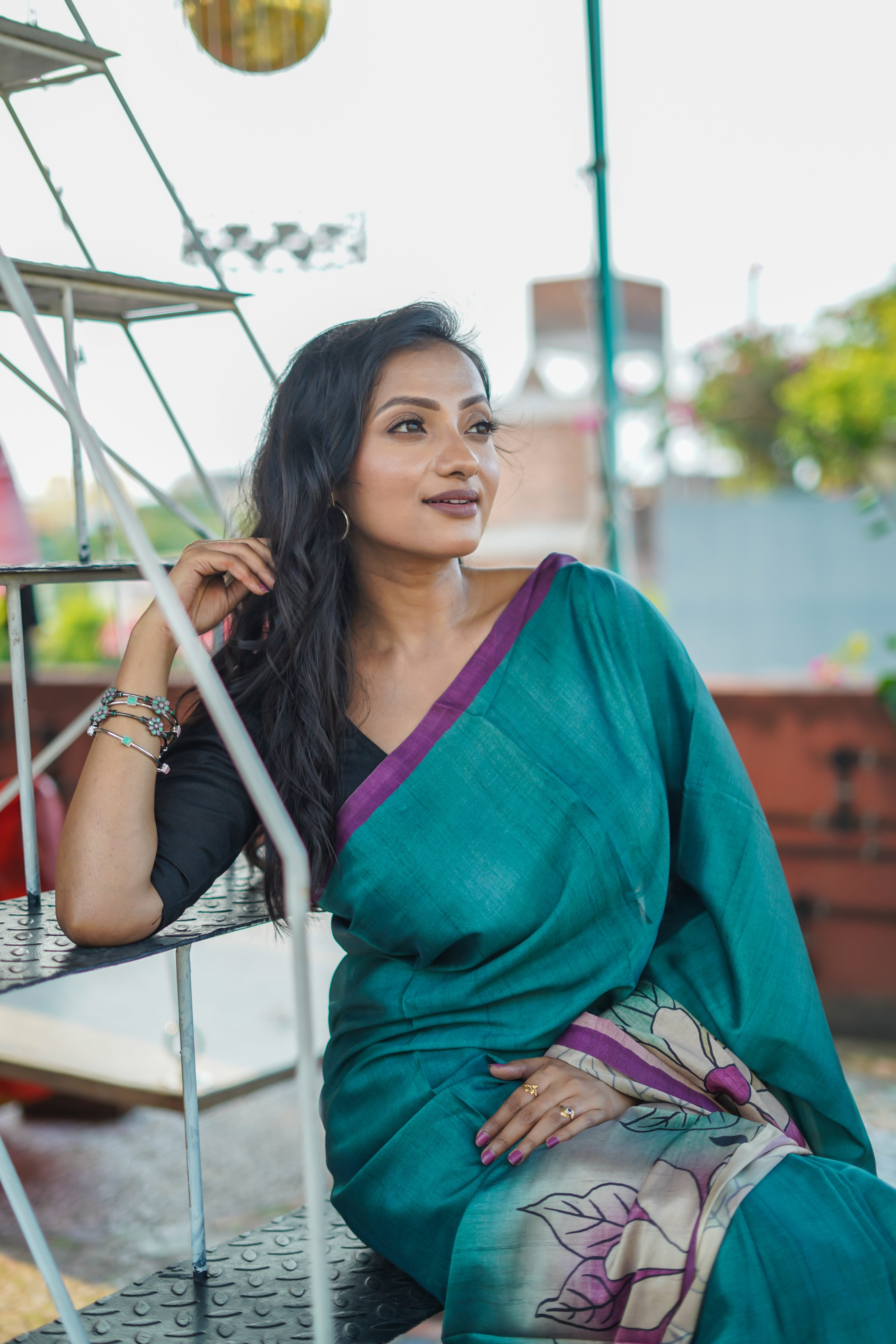 Teal pure modal silk designer saree