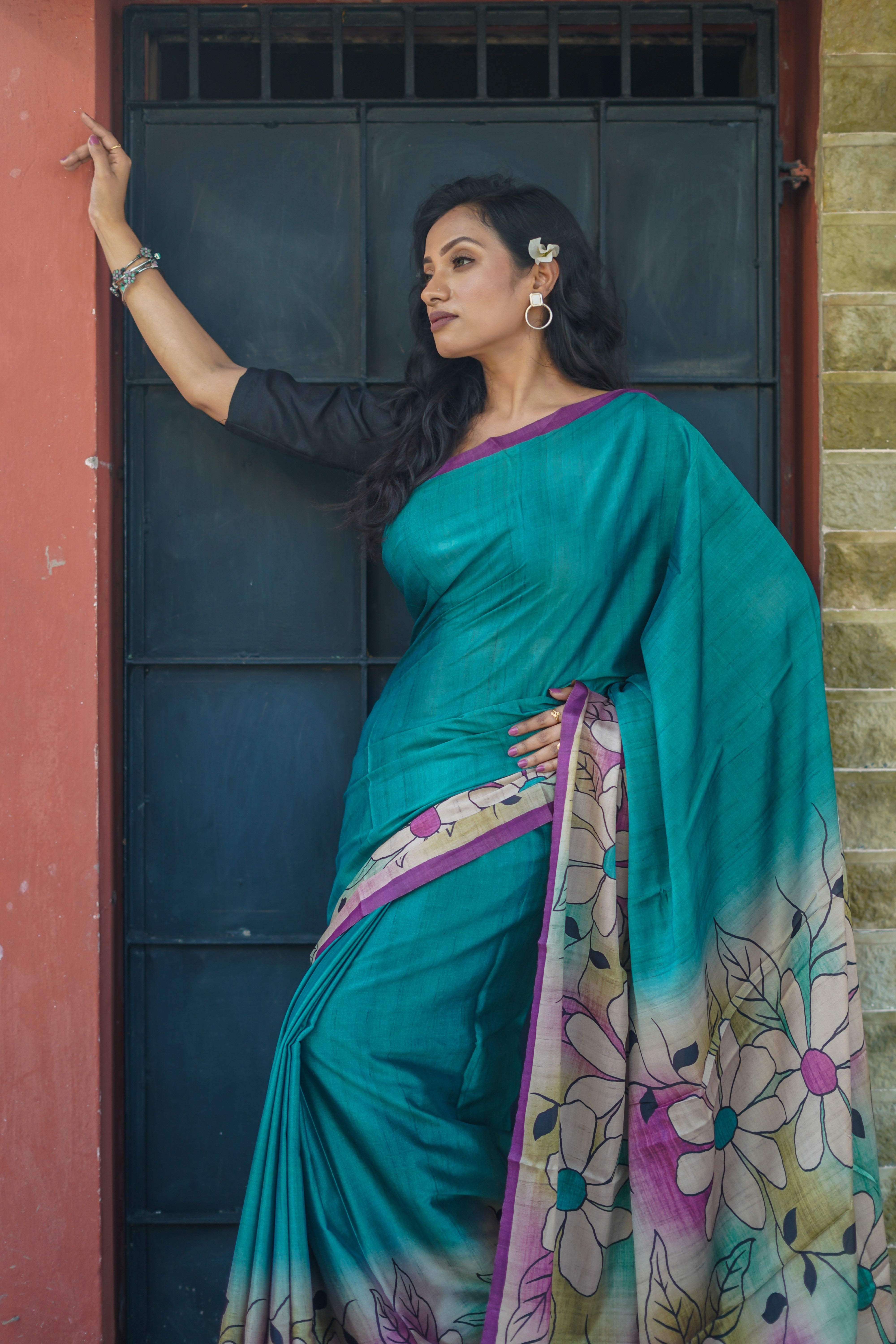 Teal pure modal silk designer saree