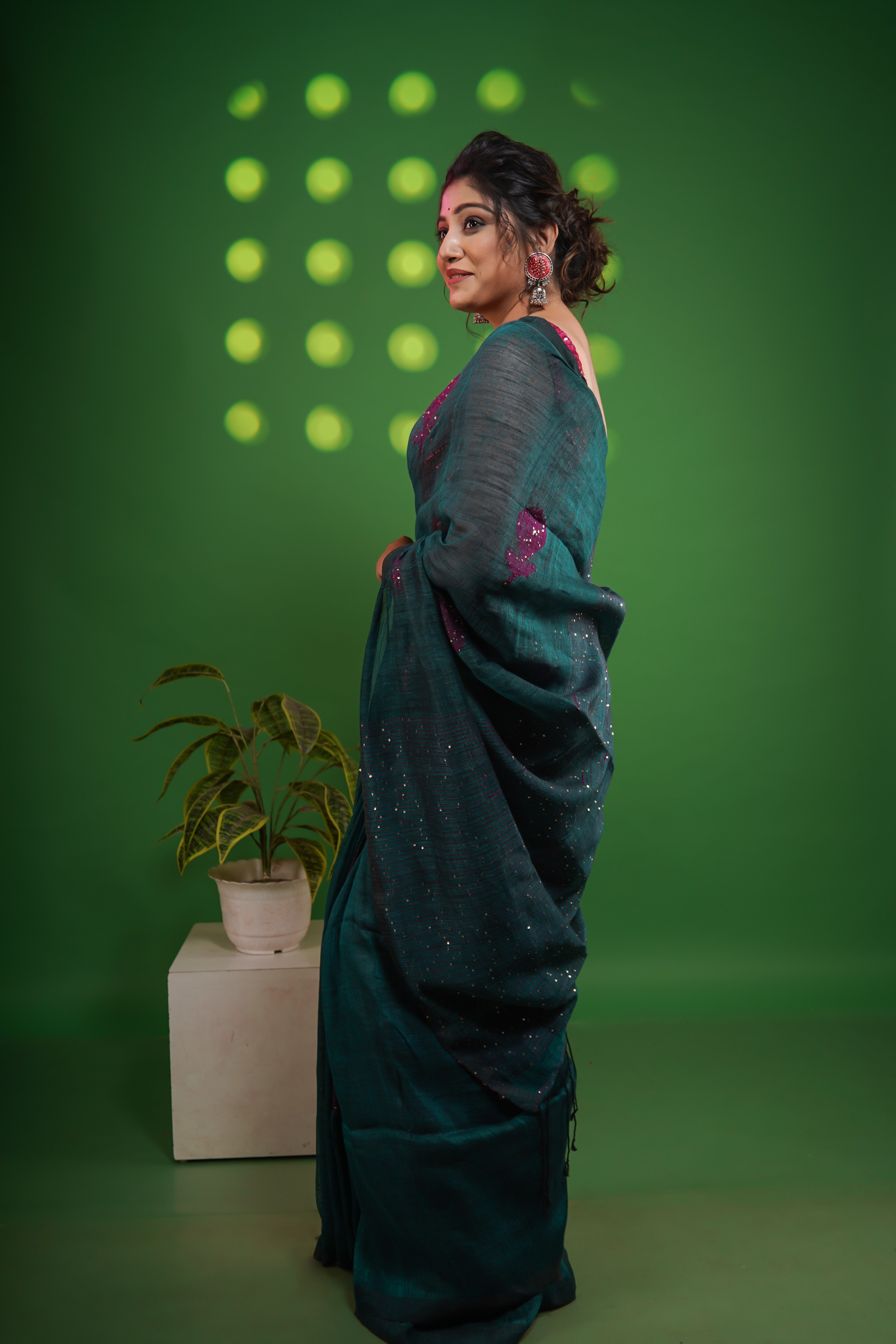 Teal Rose Handwoven Linen Saree with Sequence Work