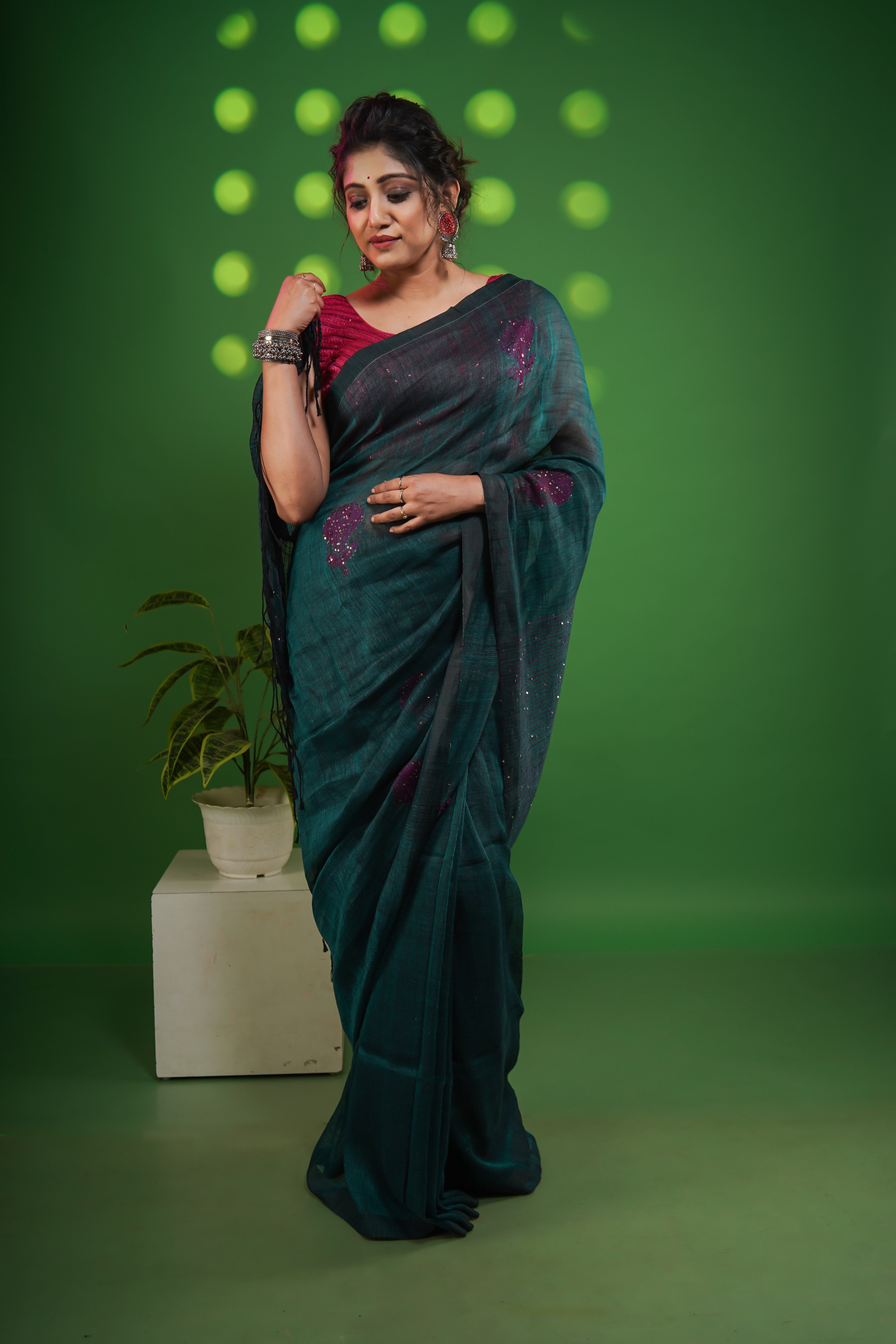 Teal Rose Handwoven Linen Saree with Sequence Work