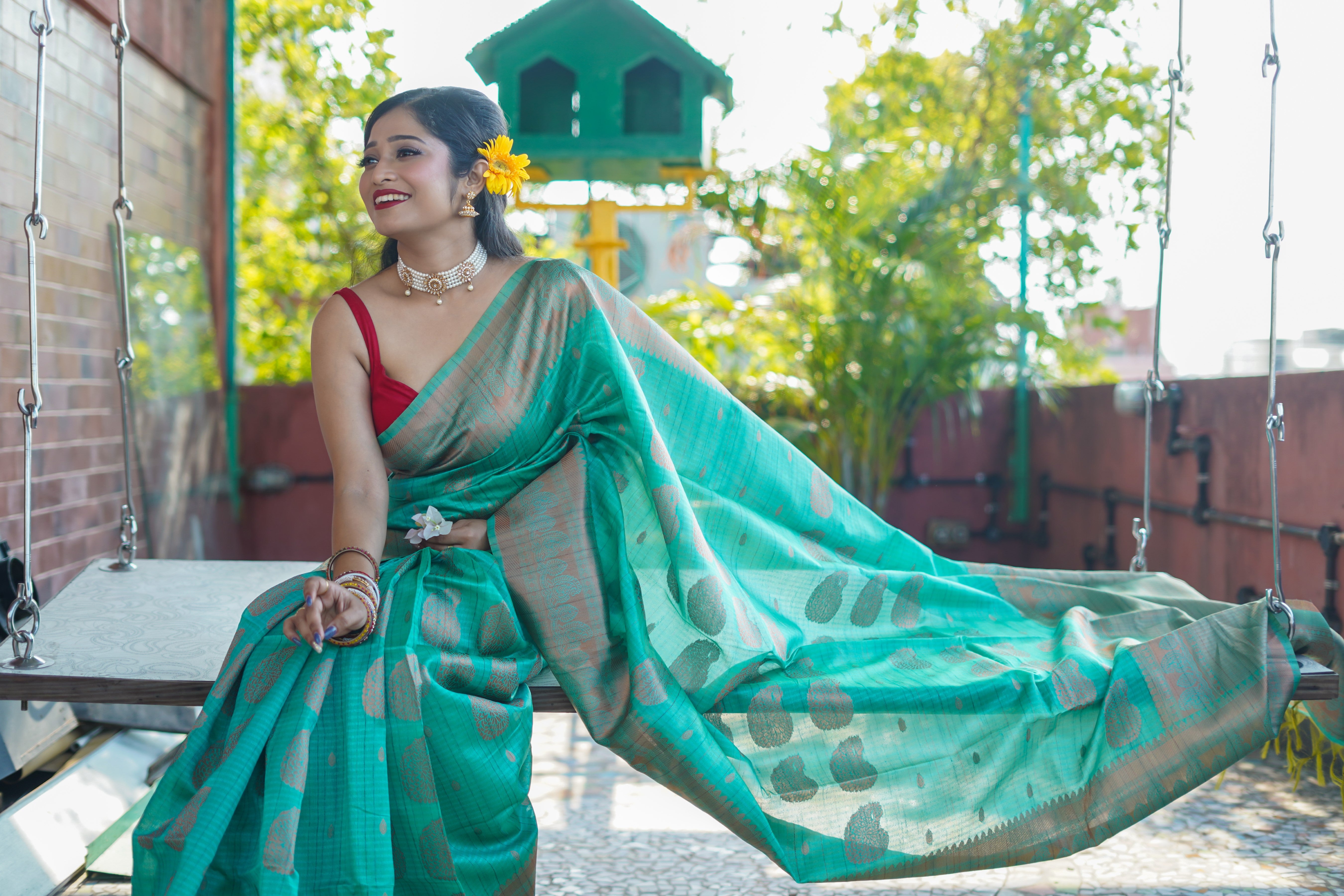 Turquoise Blue Ghicha Weaving Saree