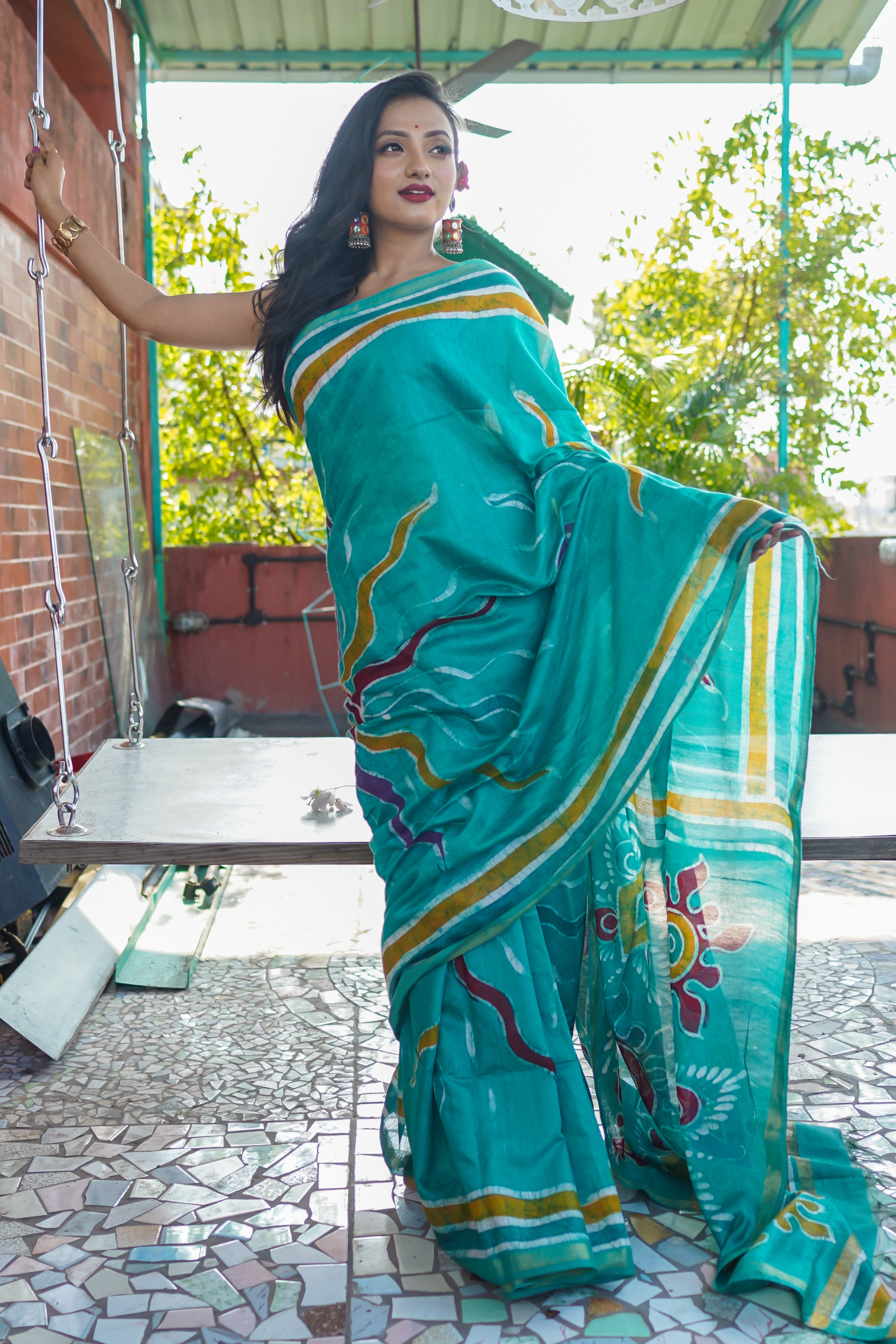 Turquoise Blue Hand Block Pure Chanderi Silk Saree