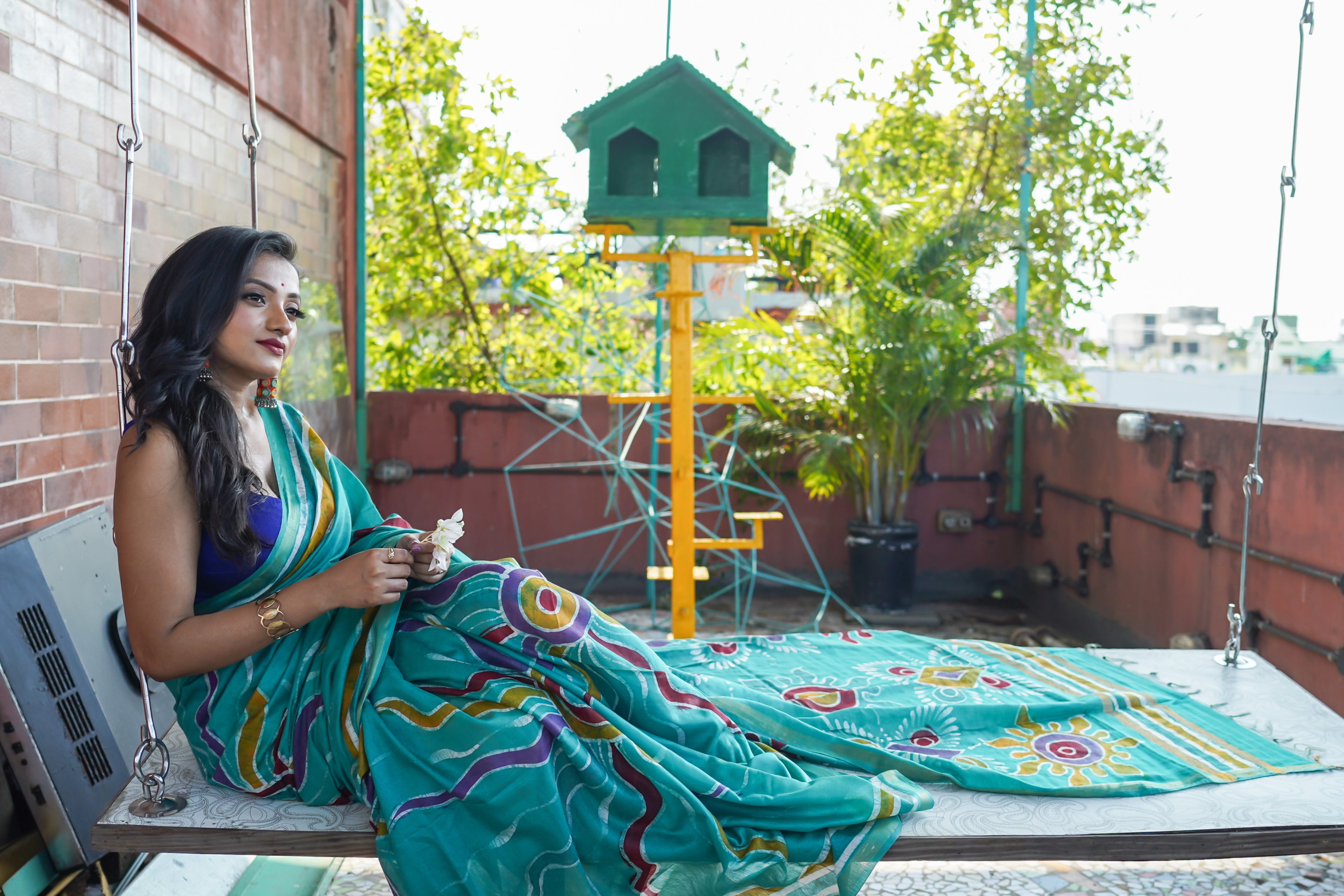 Turquoise Blue Hand Block Pure Chanderi Silk Saree