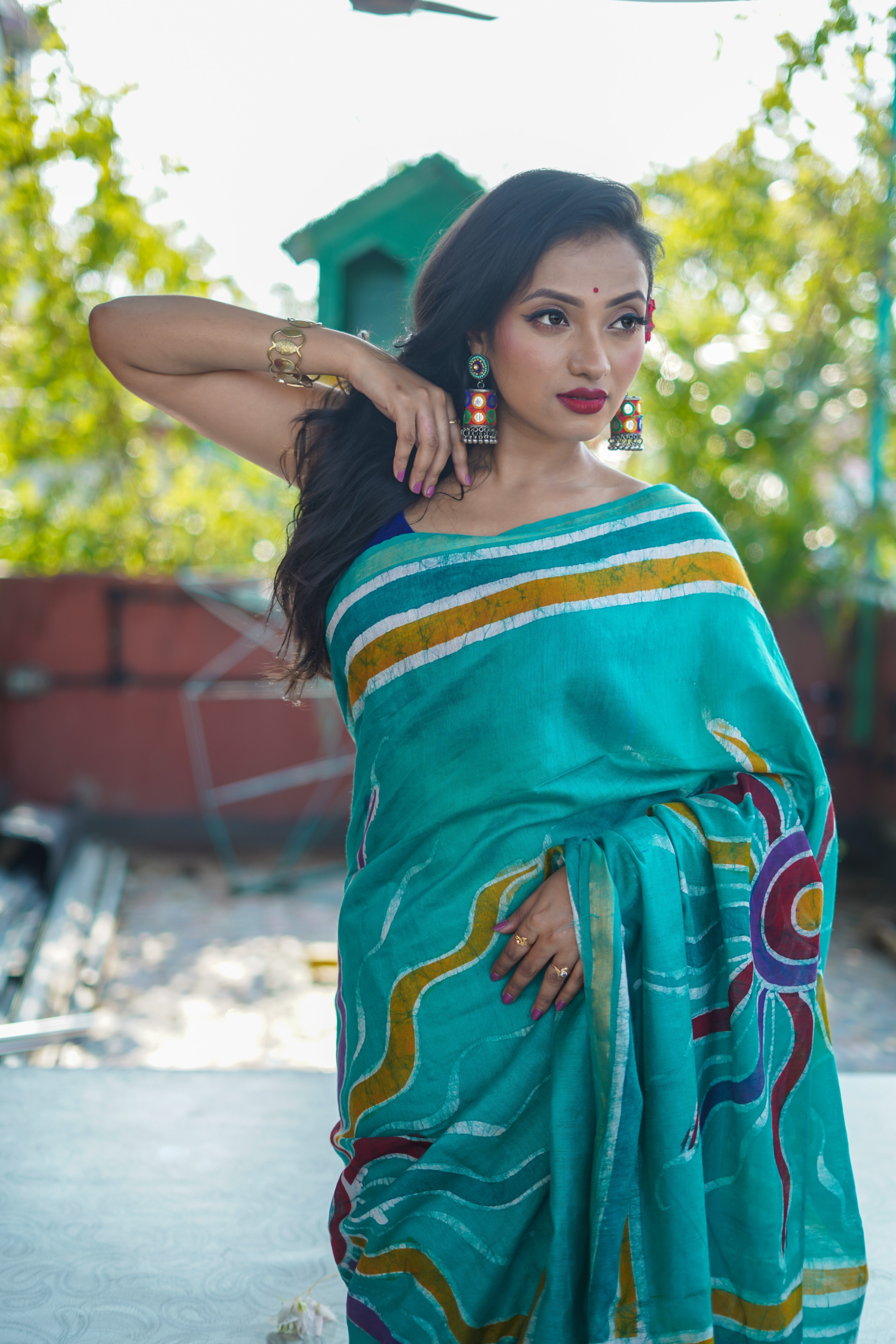 Turquoise Blue Hand Block Pure Chanderi Silk Saree