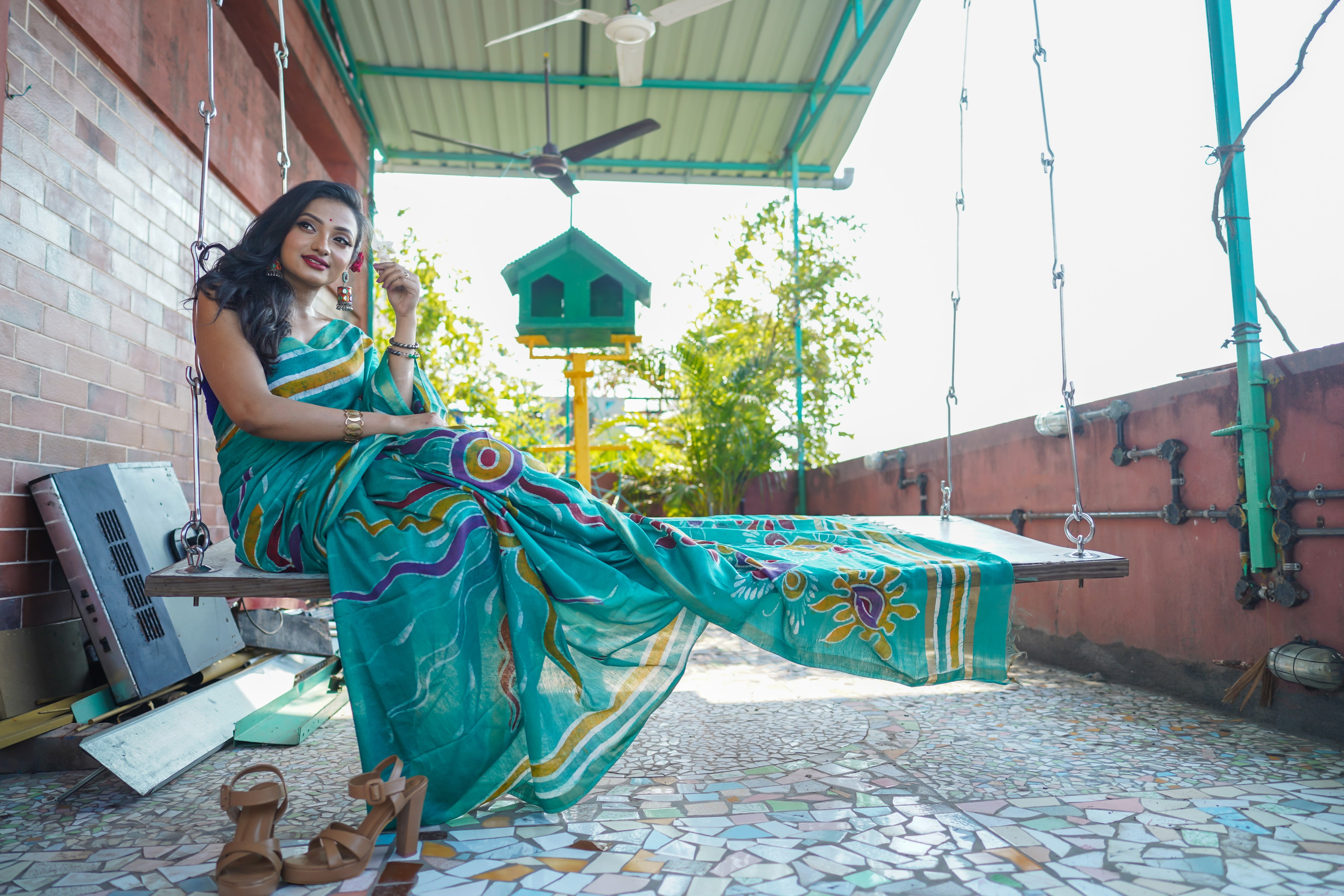 Turquoise Blue Hand Block Pure Chanderi Silk Saree