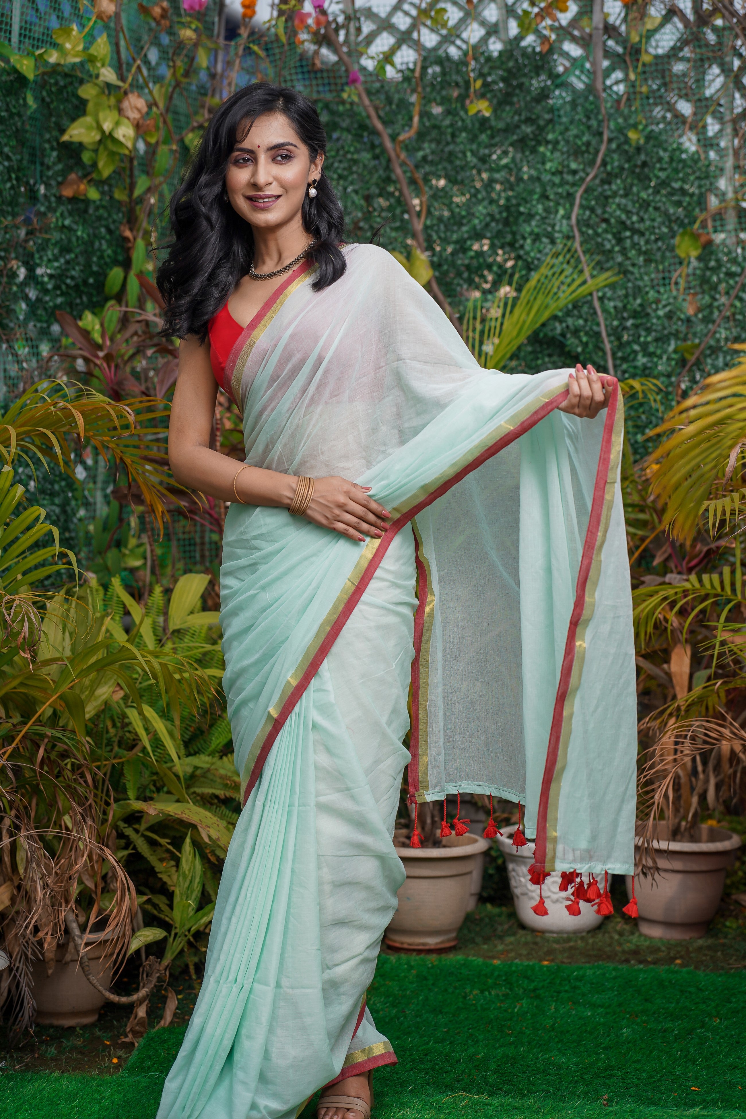 Turquoise Blue Mul Cotton Saree with Red Golden Border