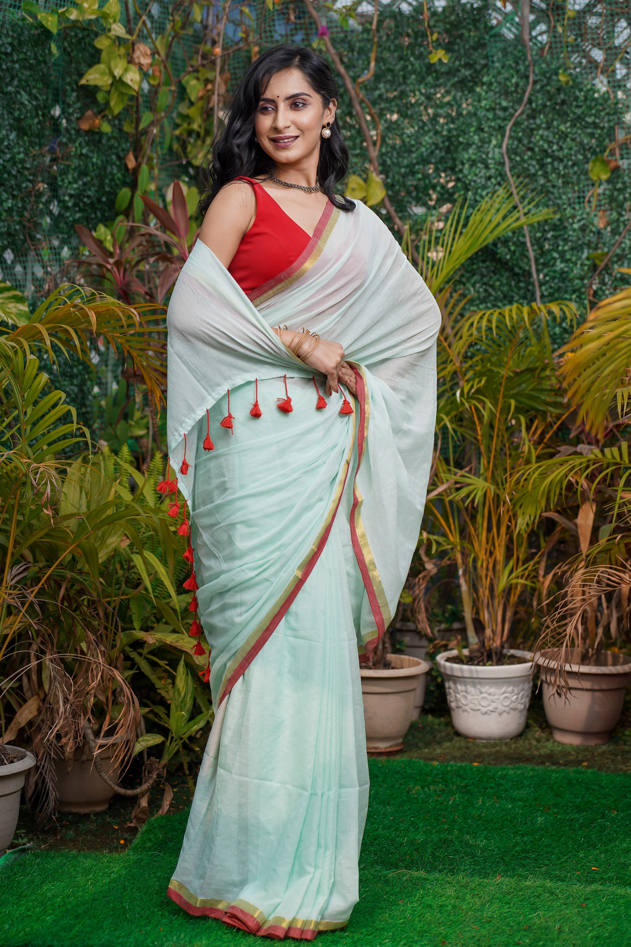 Turquoise Blue Mul Cotton Saree with Red Golden Border