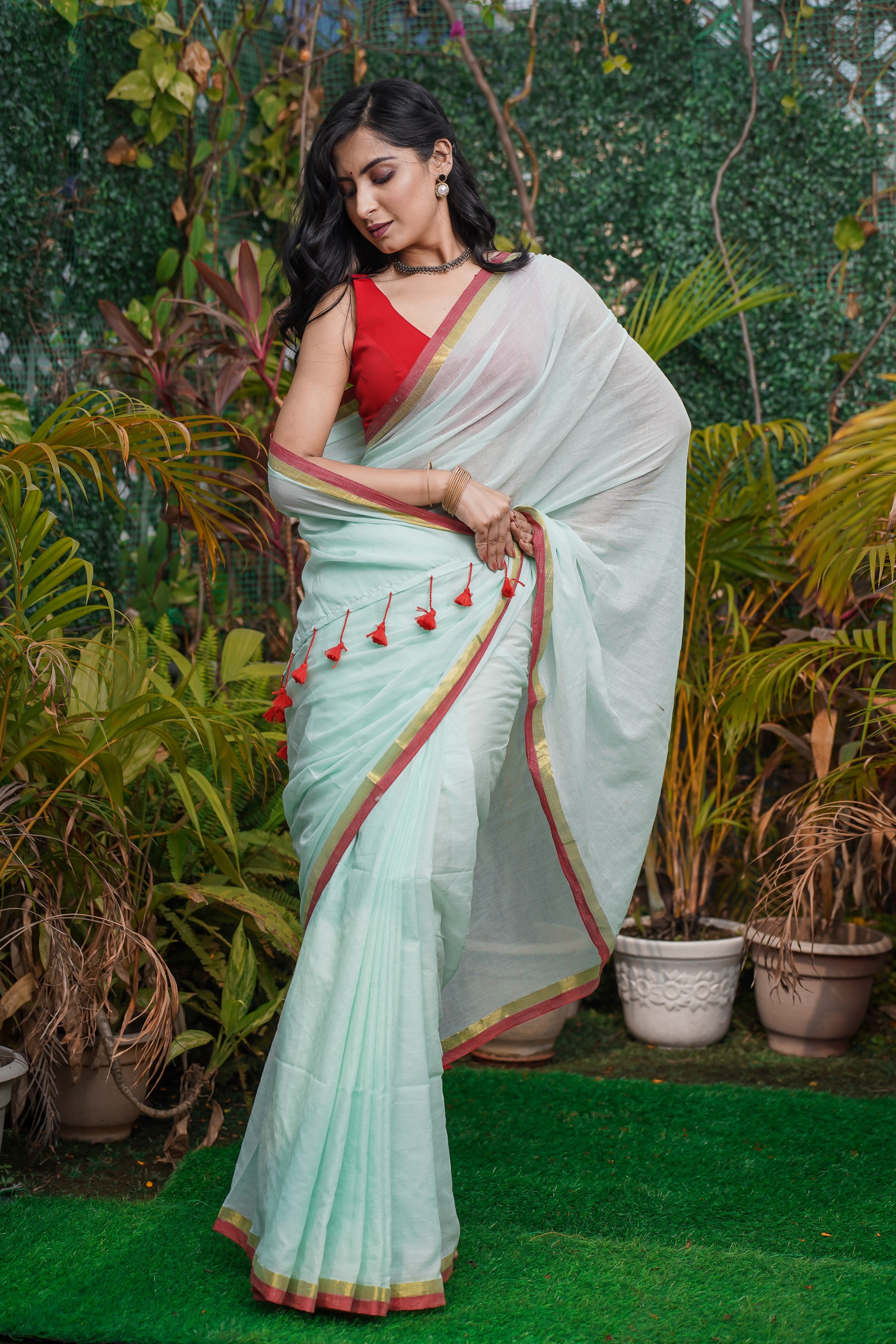 Turquoise Blue Mul Cotton Saree with Red Golden Border