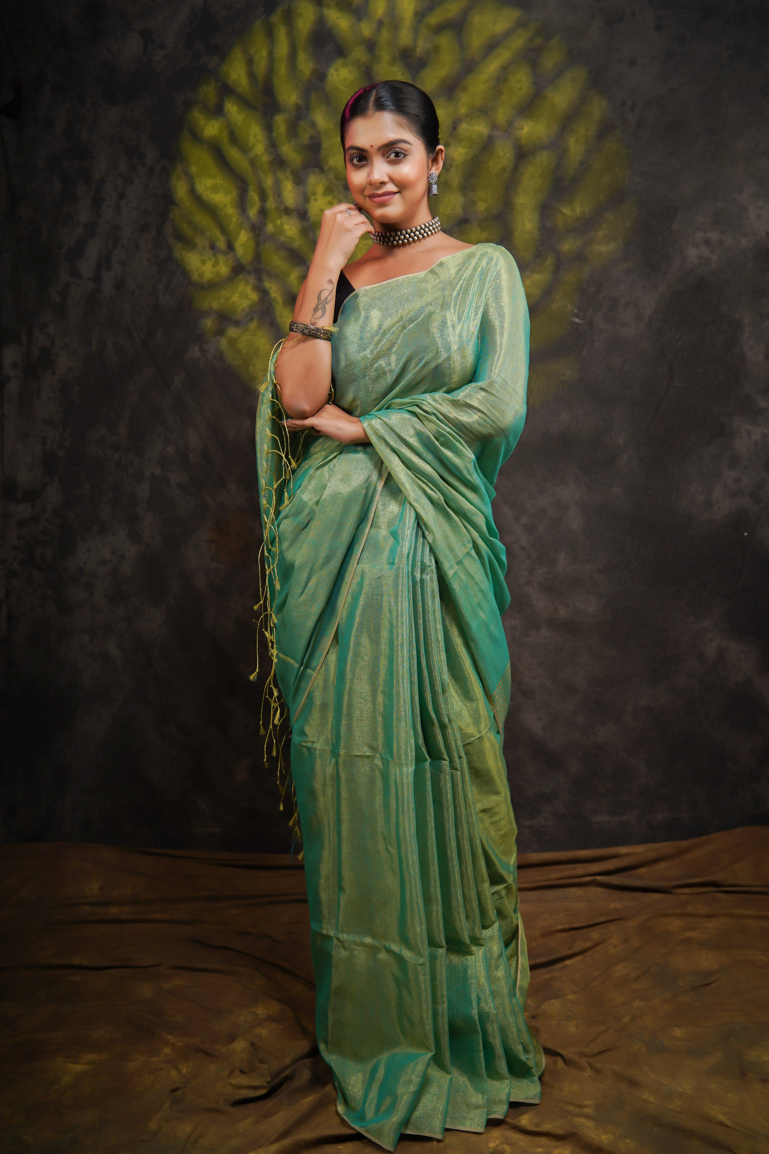 Viridian Green Dual Tone Pure Tissue Linen Saree