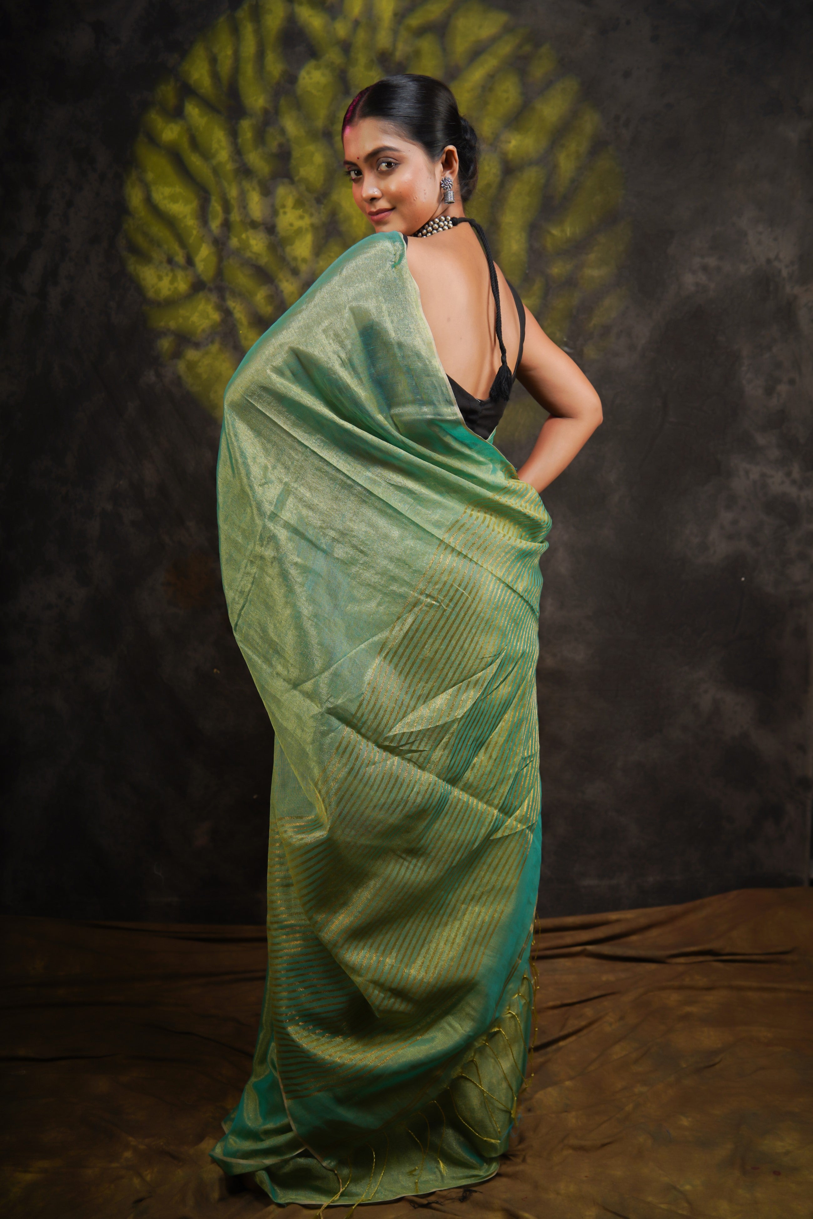 Viridian Green Dual Tone Pure Tissue Linen Saree