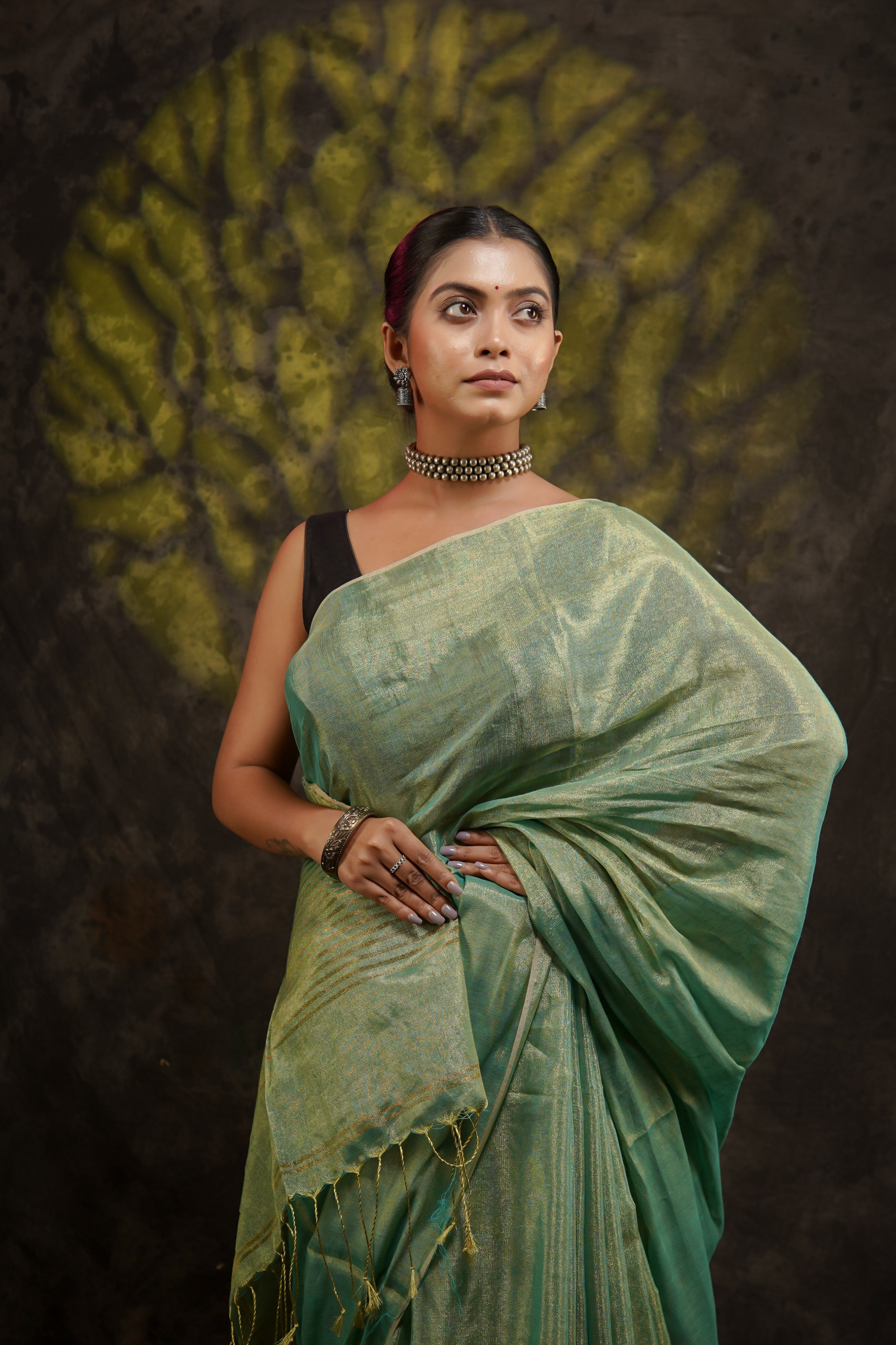 Viridian Green Dual Tone Pure Tissue Linen Saree