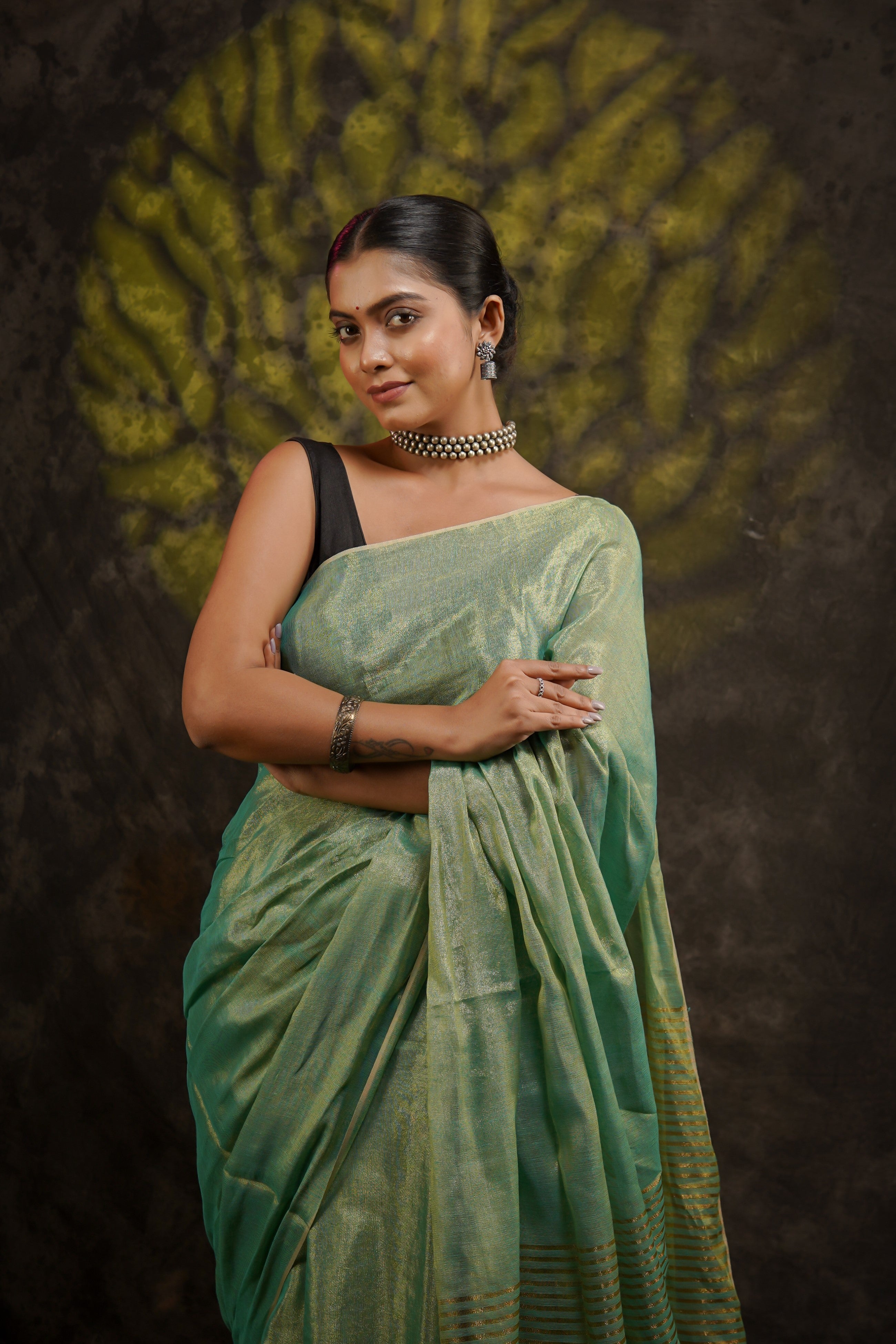 Viridian Green Dual Tone Pure Tissue Linen Saree