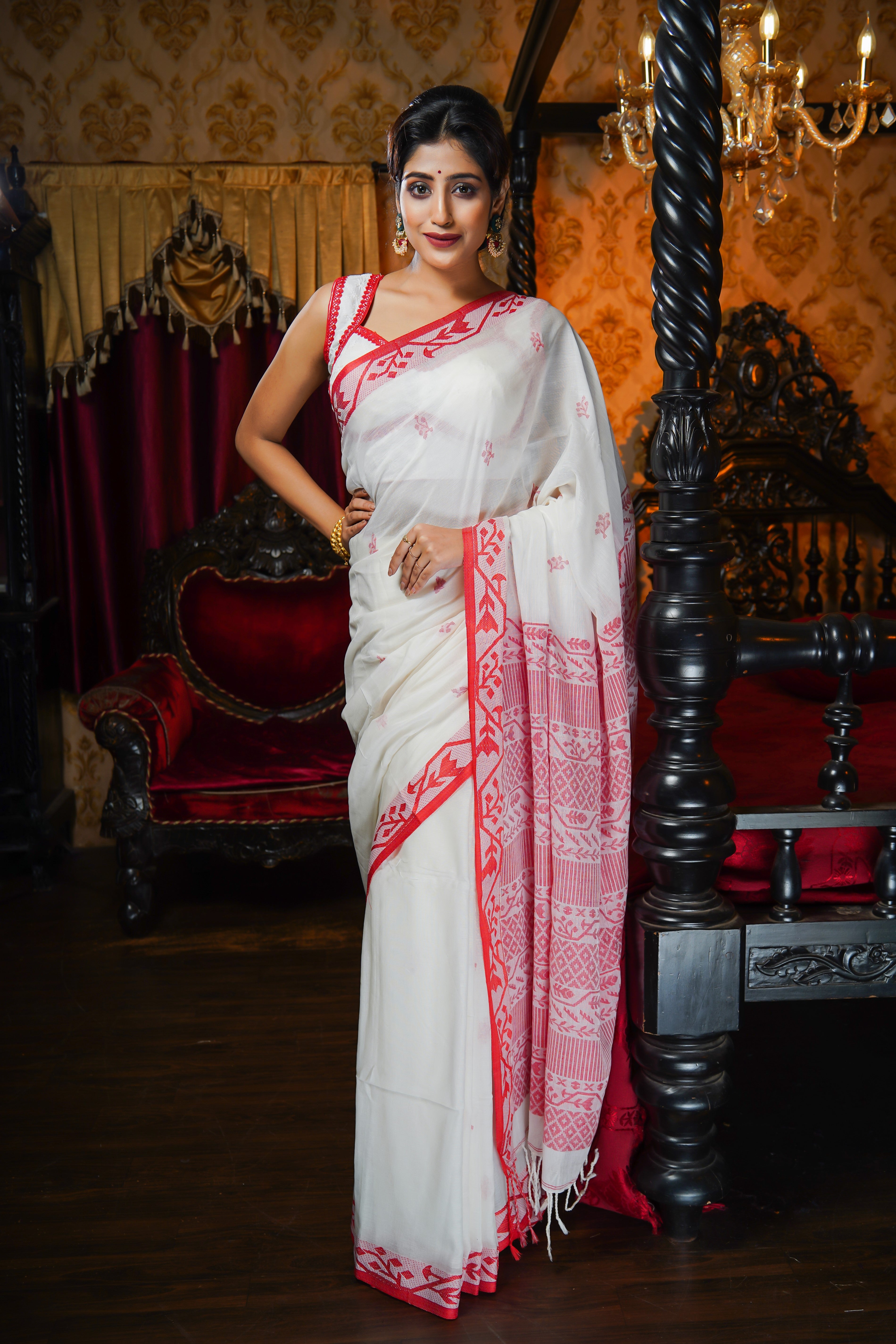 White & Red Pure Mashrise Cotton Hand Weaving Saree