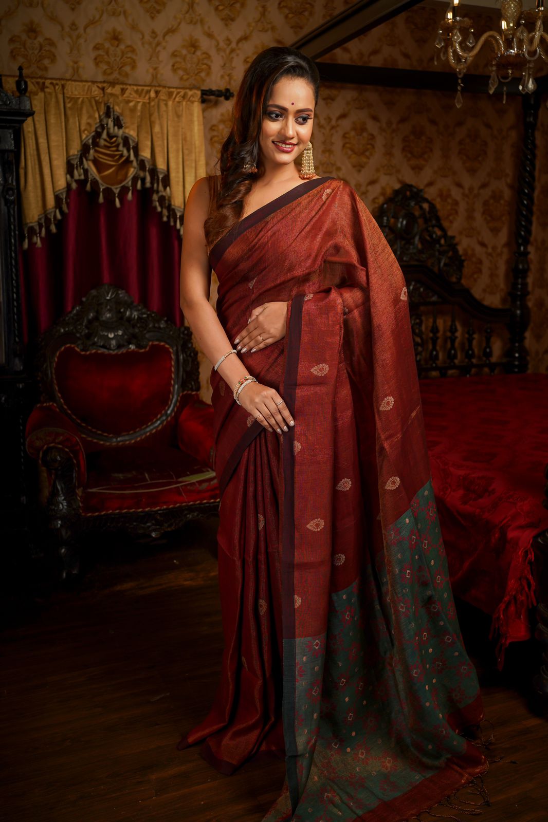 Falu red pure tissue Mina linen handwoven  saree