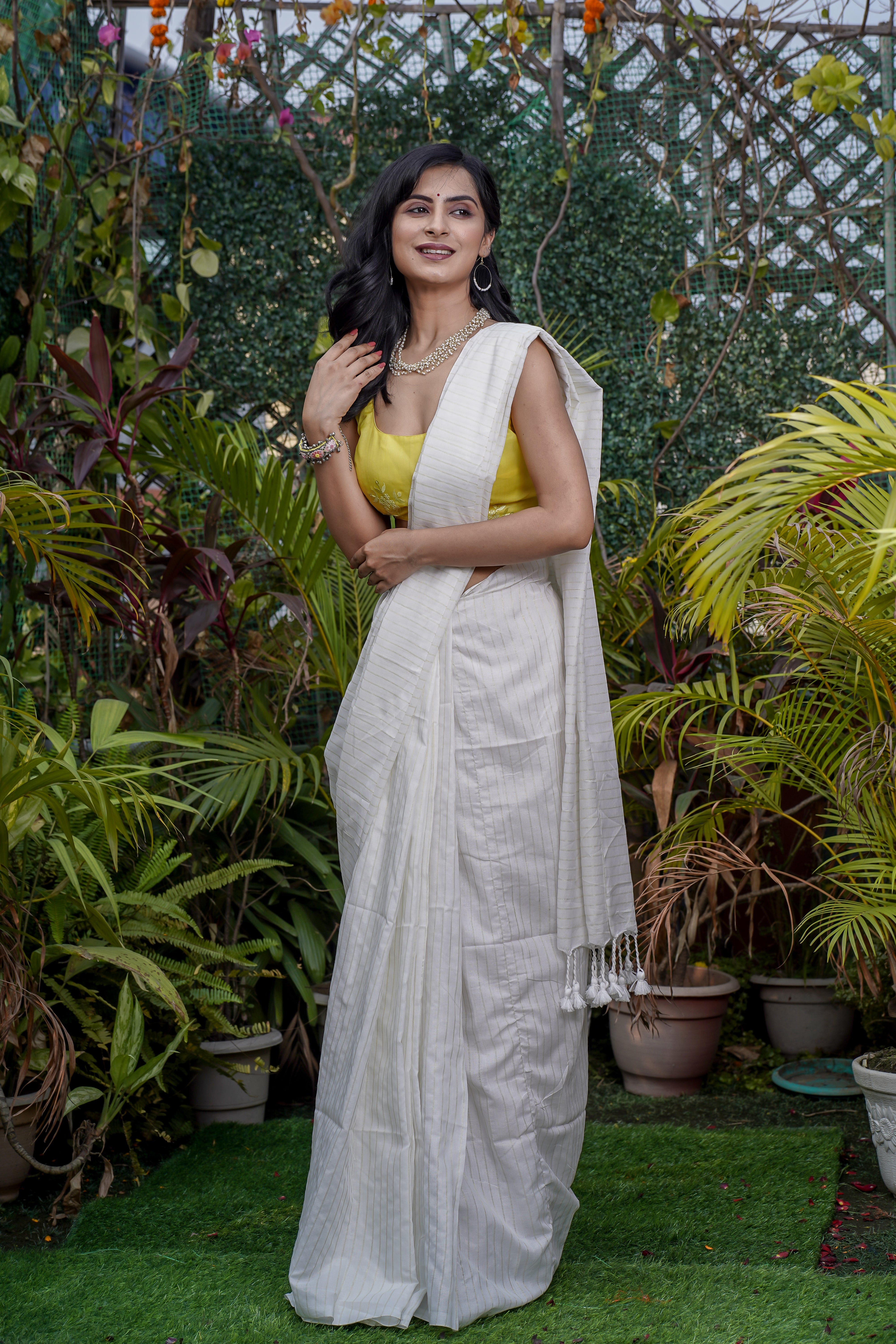 White Khadi Cotton Golden Striped Saree