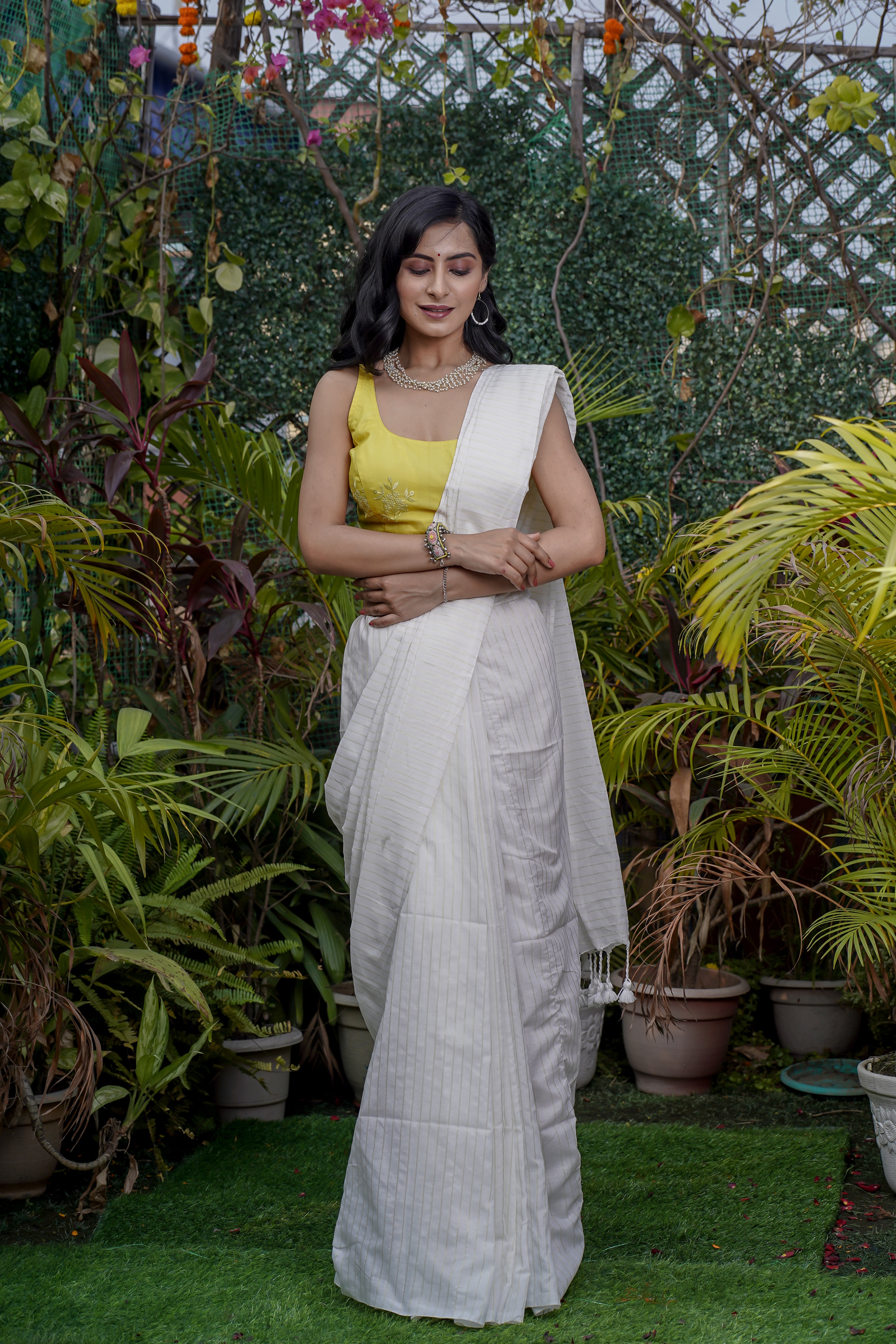 White Khadi Cotton Golden Striped Saree