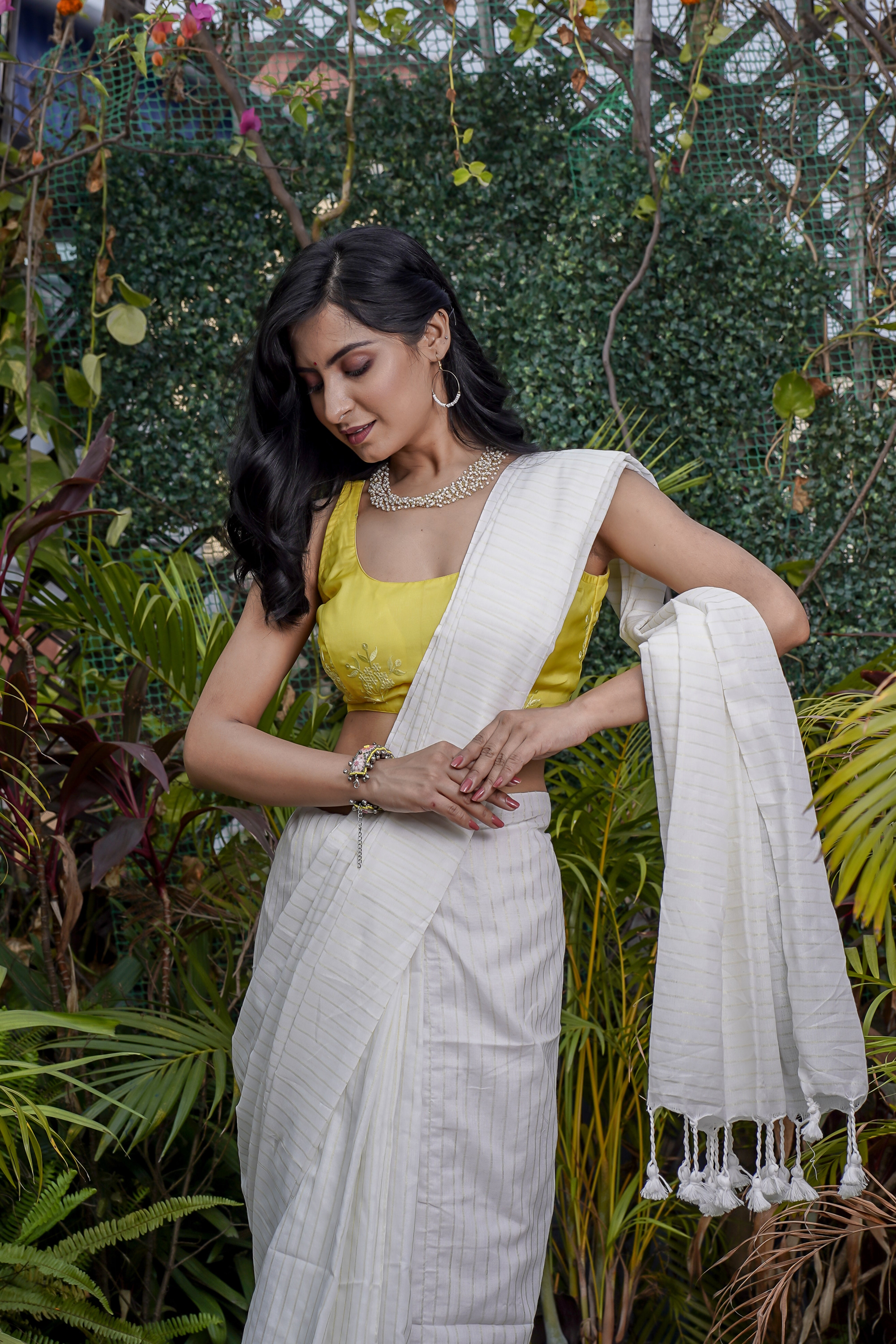 White Khadi Cotton Golden Striped Saree