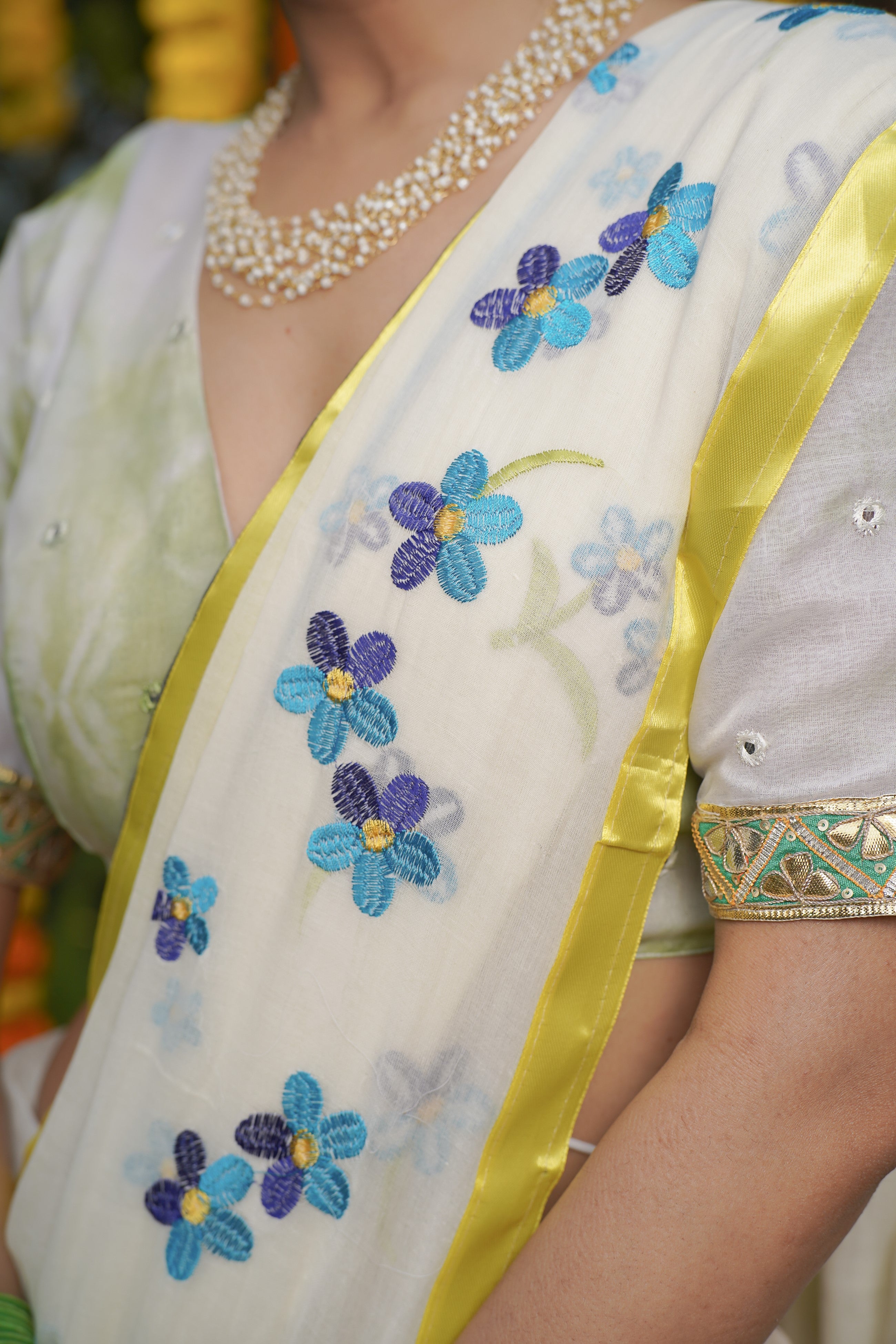 White Mul Mul Cotton Embroidery Saree