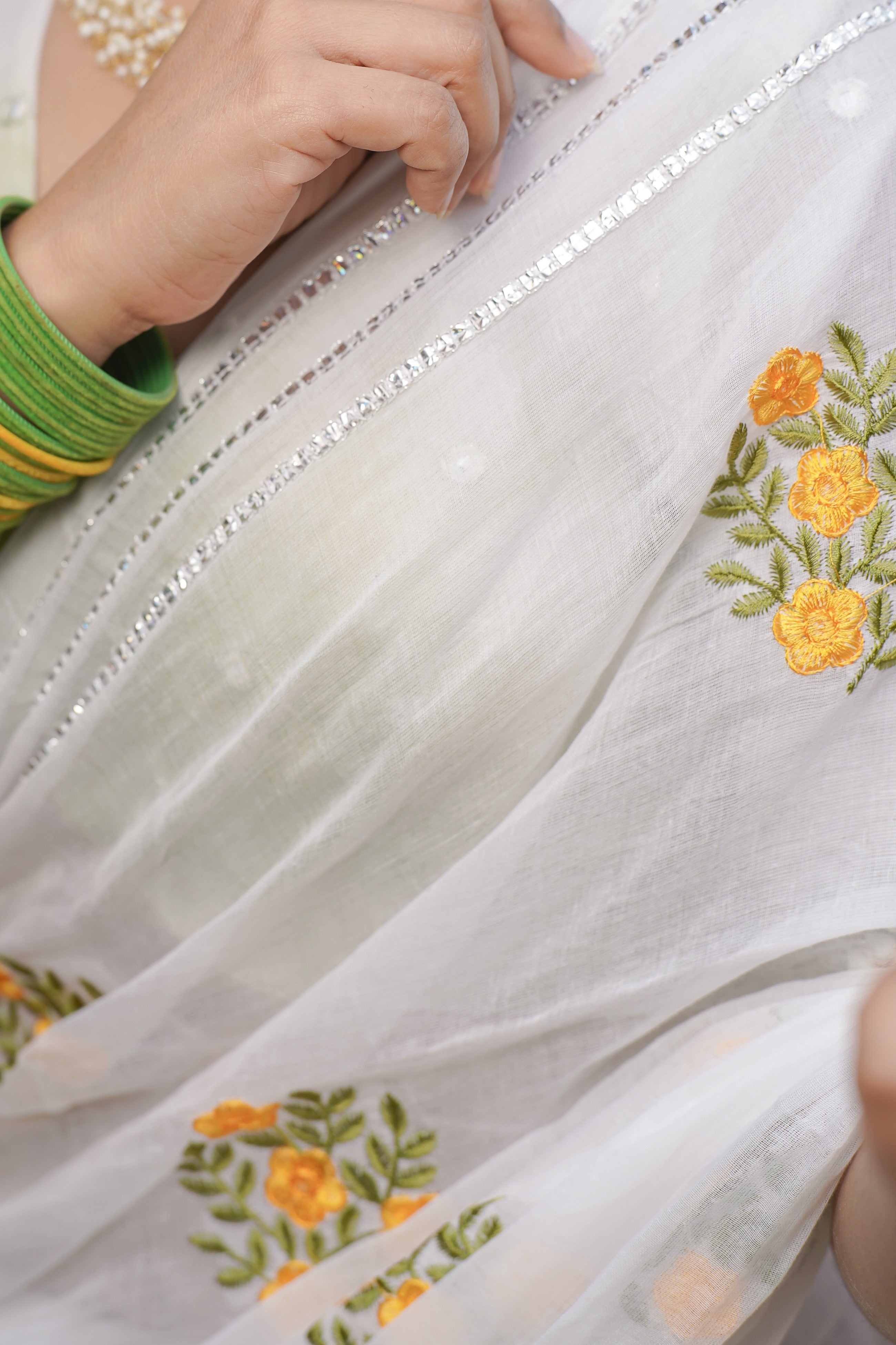 White Mulmul Cotton Embroidery Saree