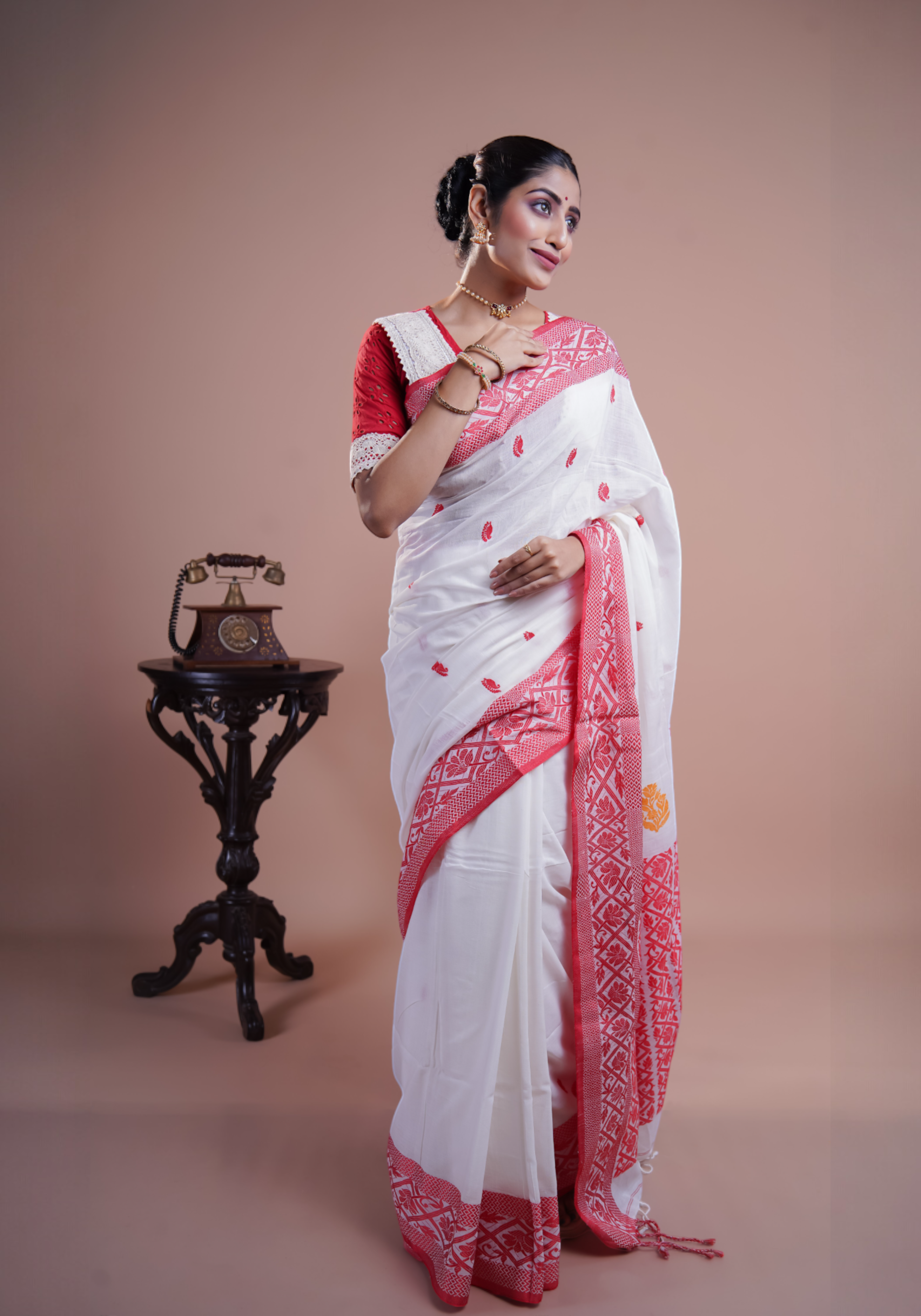 White & Red pure Mashrise Cotton handwoven saree