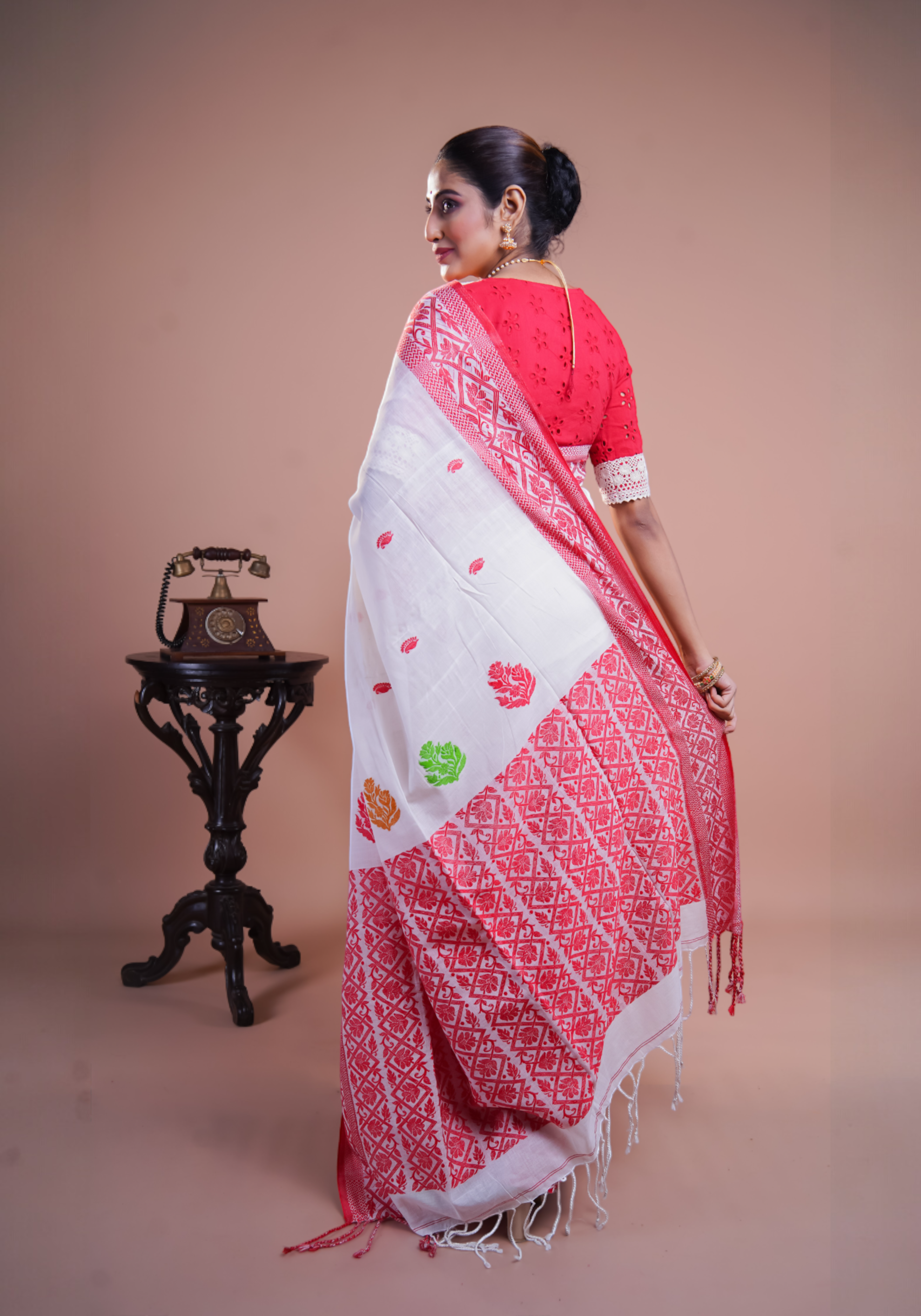 White & Red pure Mashrise Cotton handwoven saree