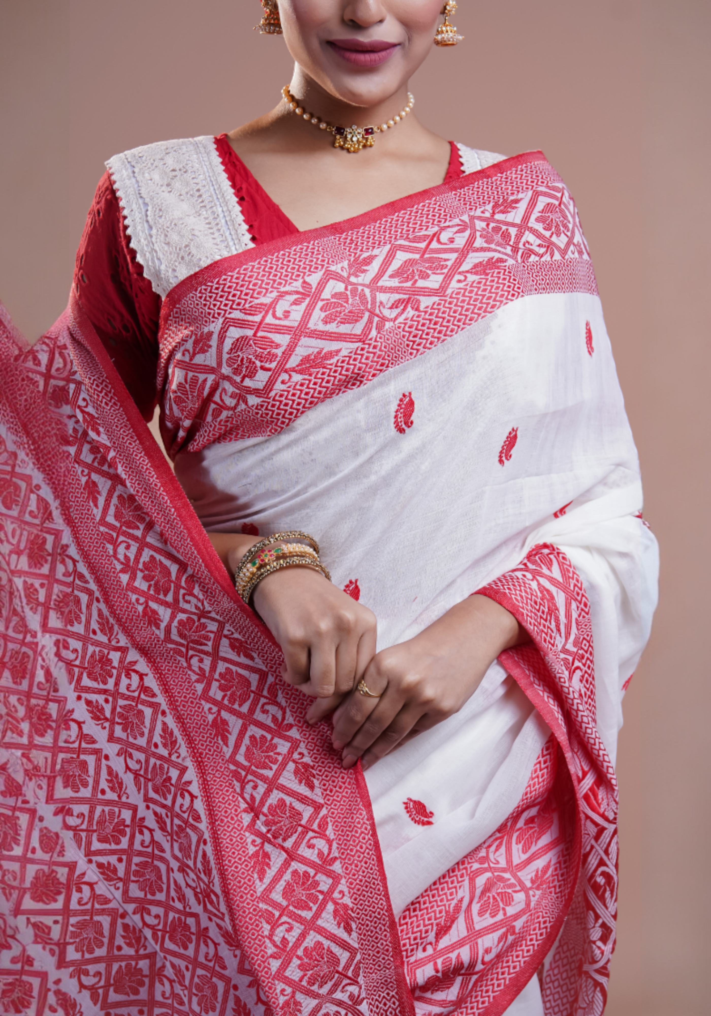 White & Red pure Mashrise Cotton handwoven saree