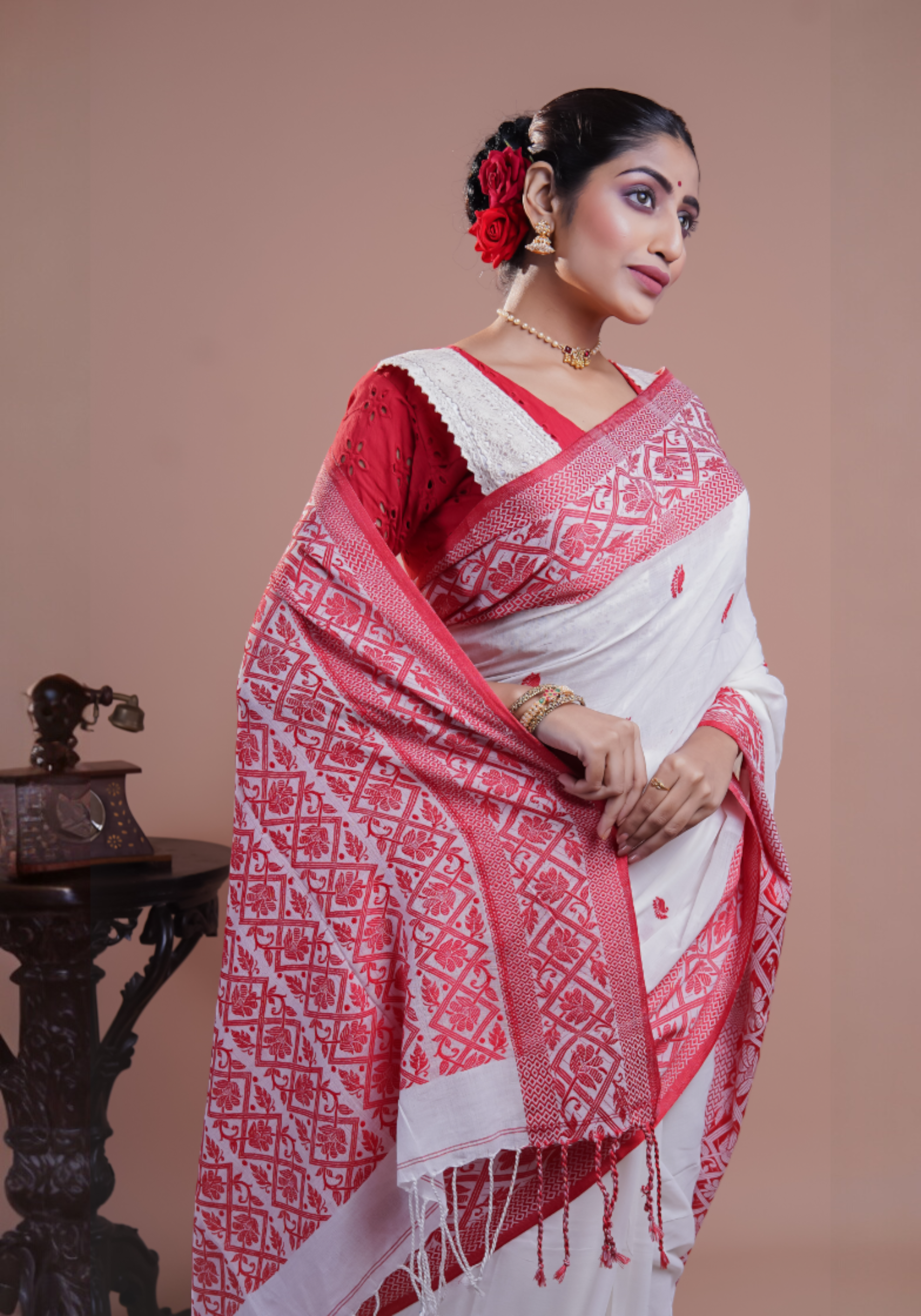 White & Red pure Mashrise Cotton handwoven saree