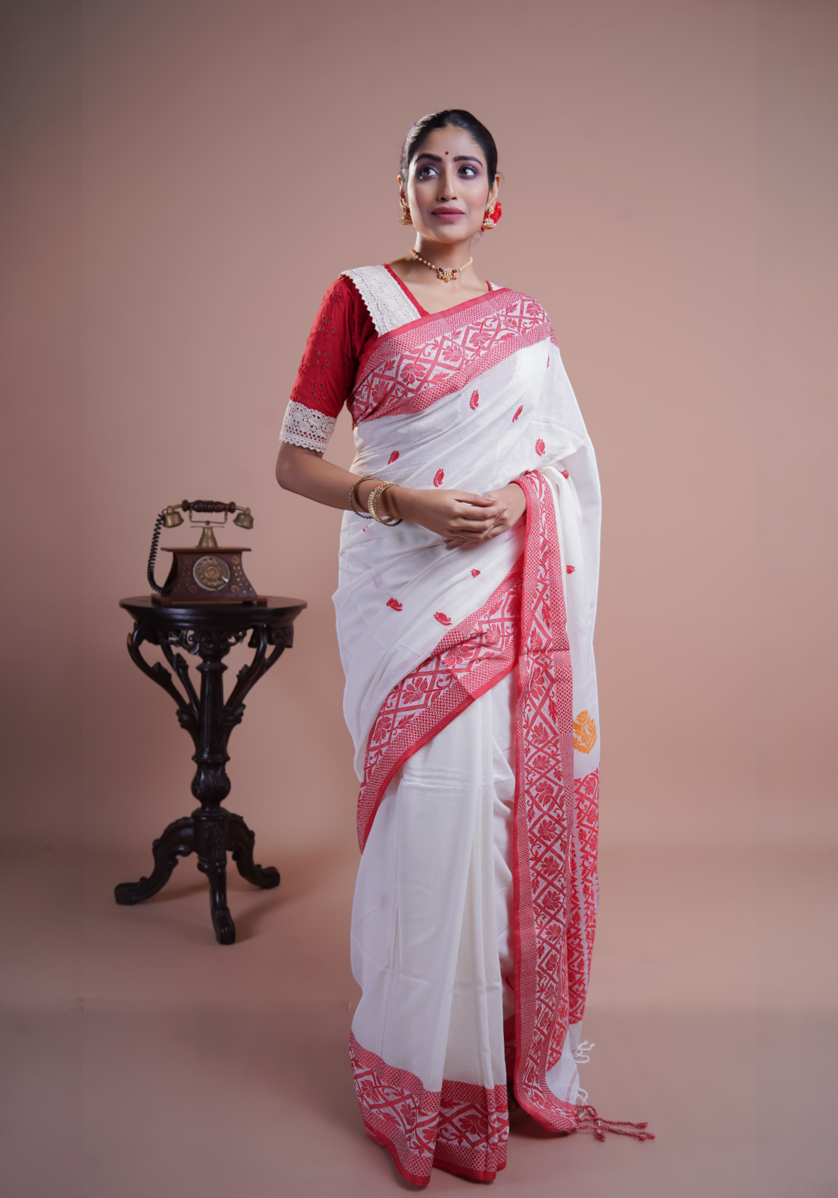 White & Red pure Mashrise Cotton handwoven saree